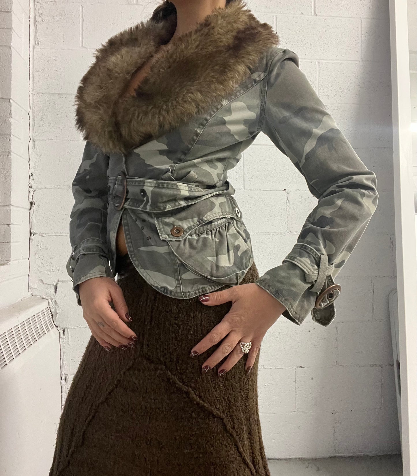 Camo Faux Fur Trim Blazer