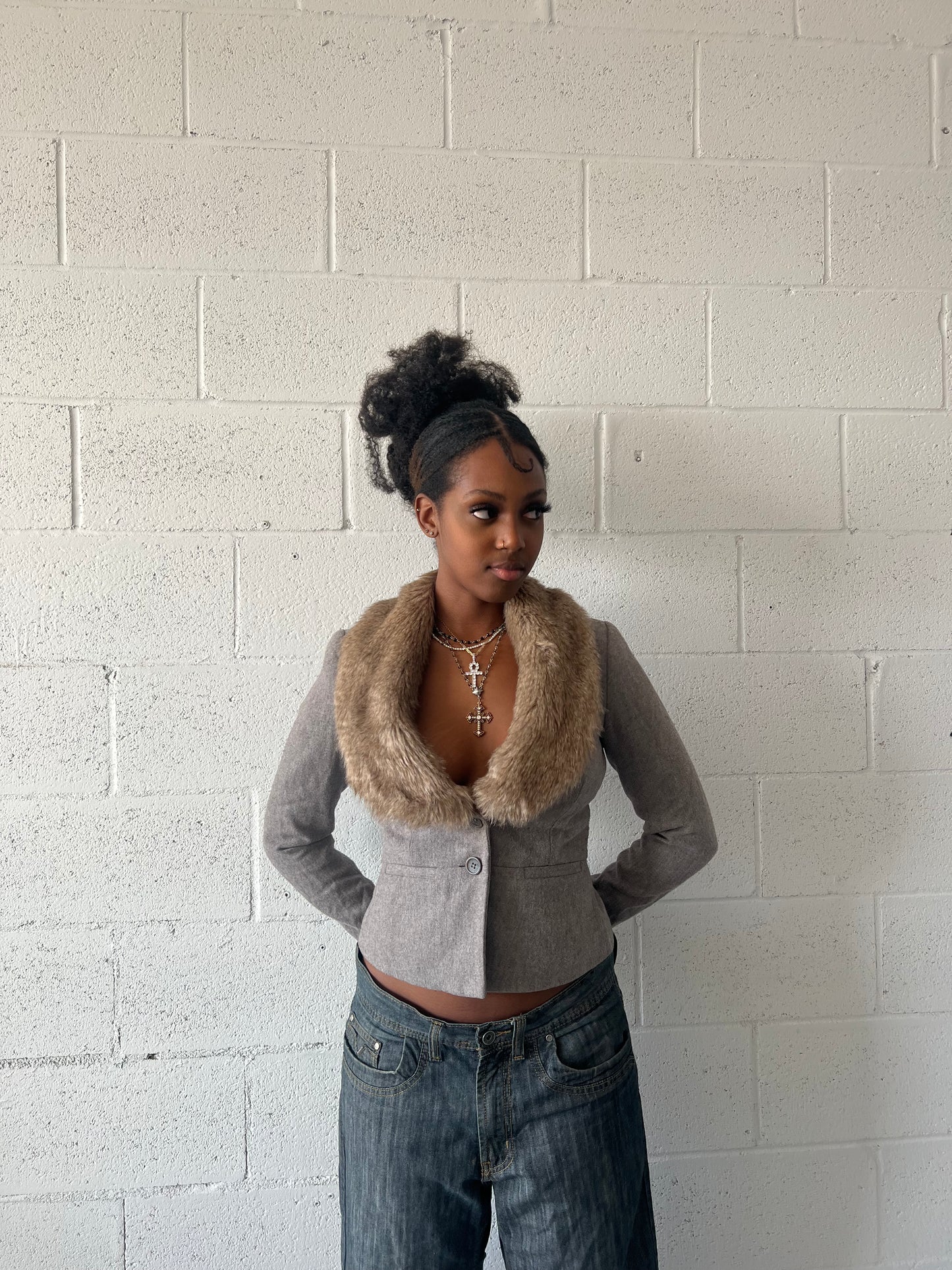 Faux Fur Trim Wool Blend Blazer