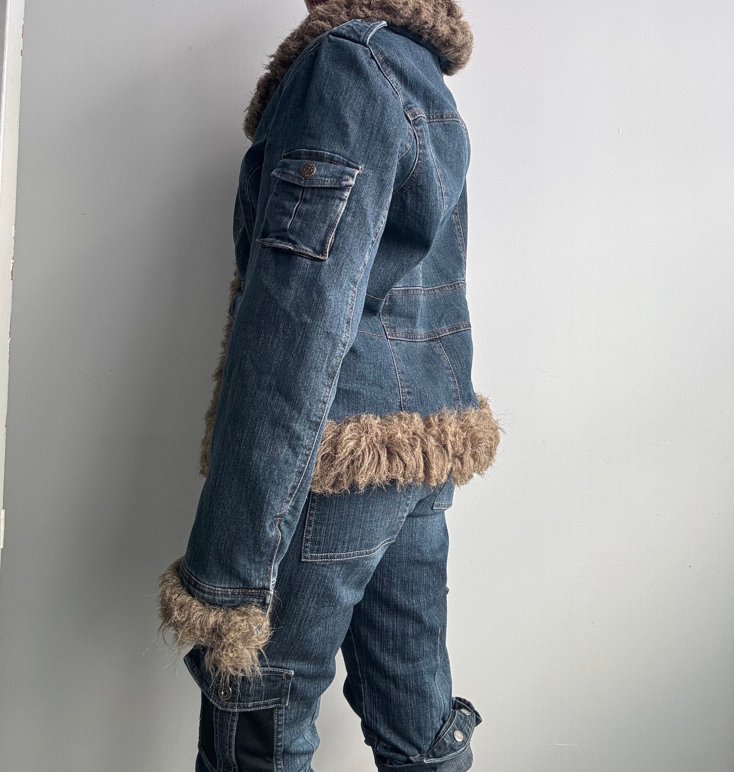 Faux Fur Denim Afghan Jacket M