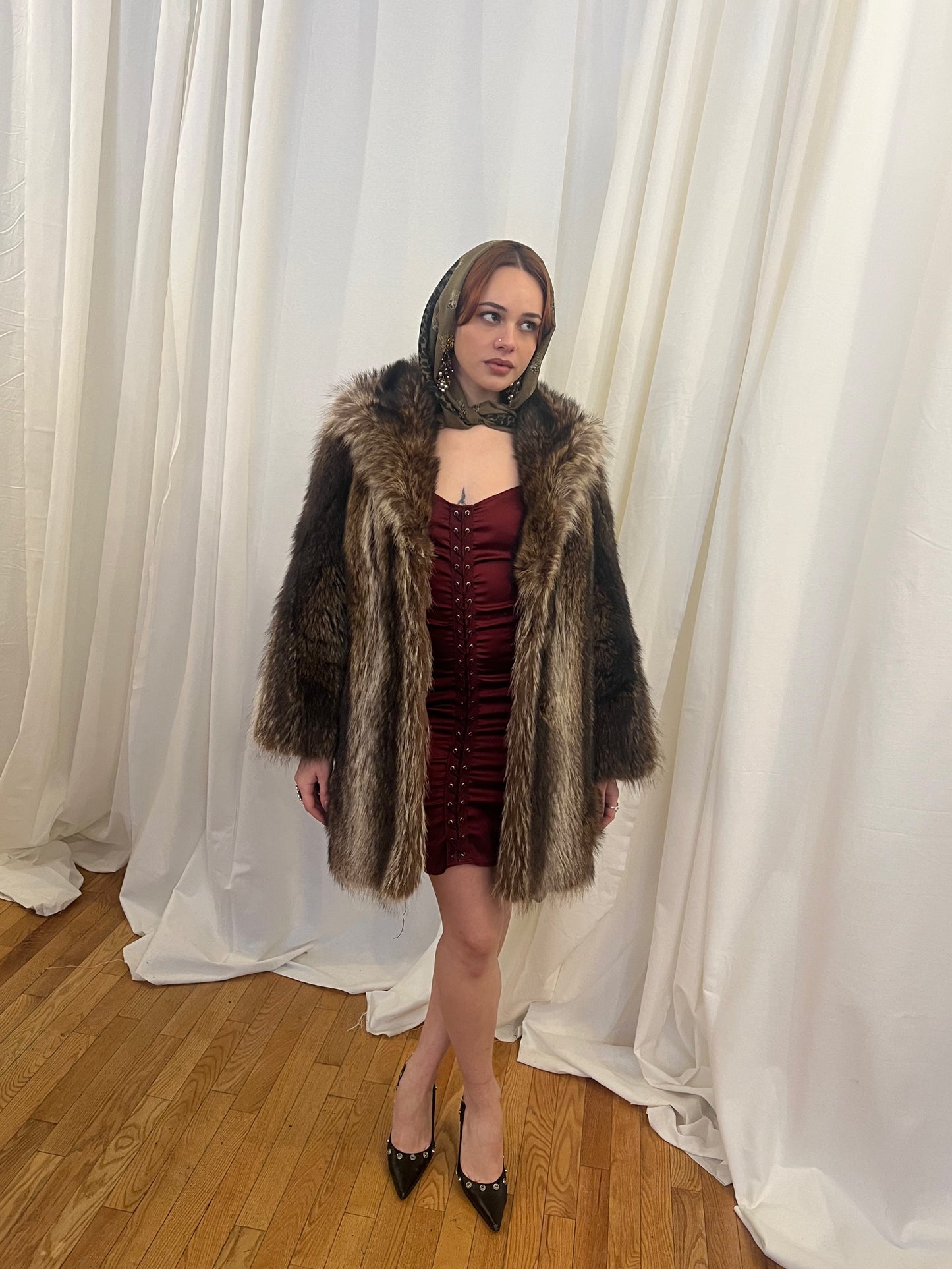 Brown & Beige Vintage Fur Coat