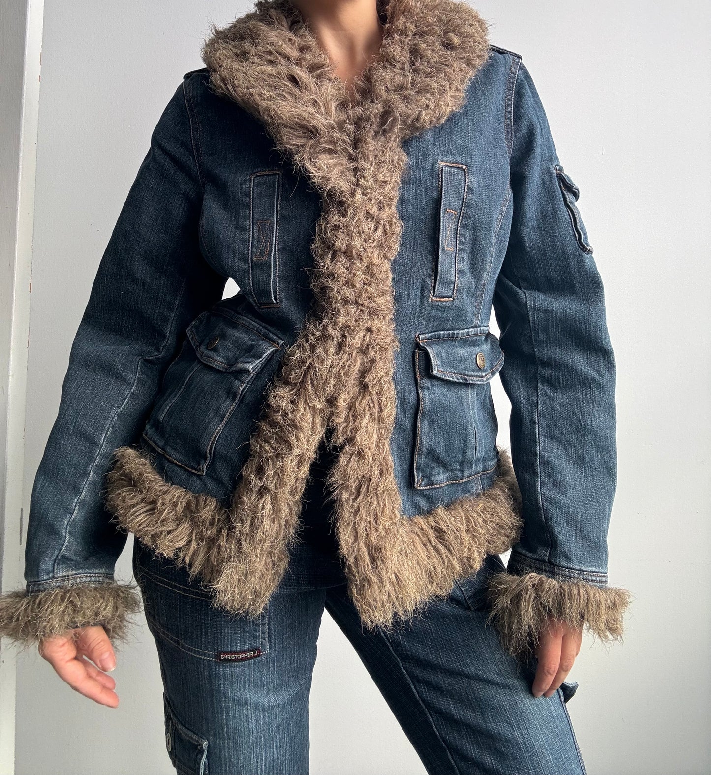 Faux Fur Denim Afghan Jacket M