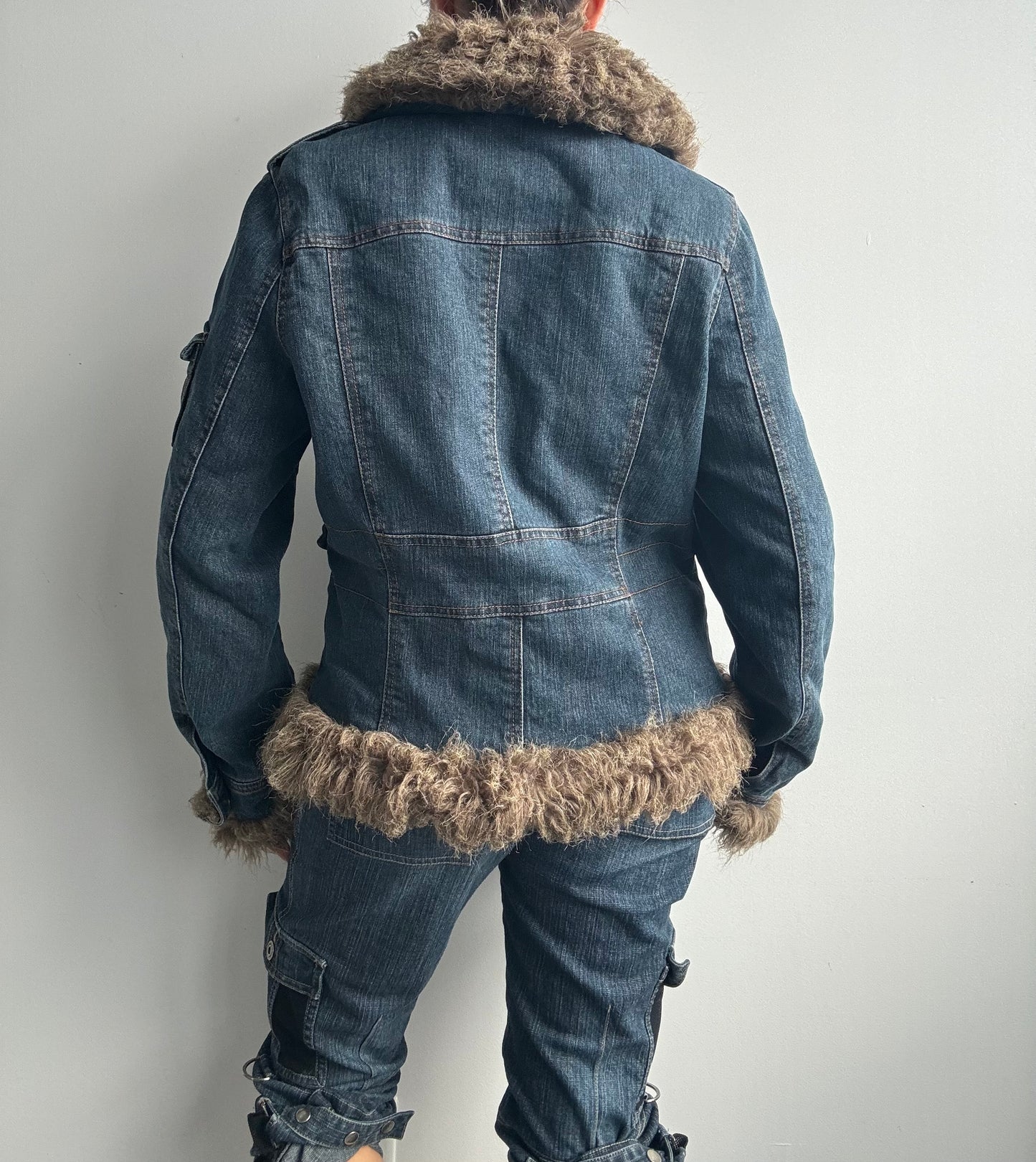 Faux Fur Denim Afghan Jacket M