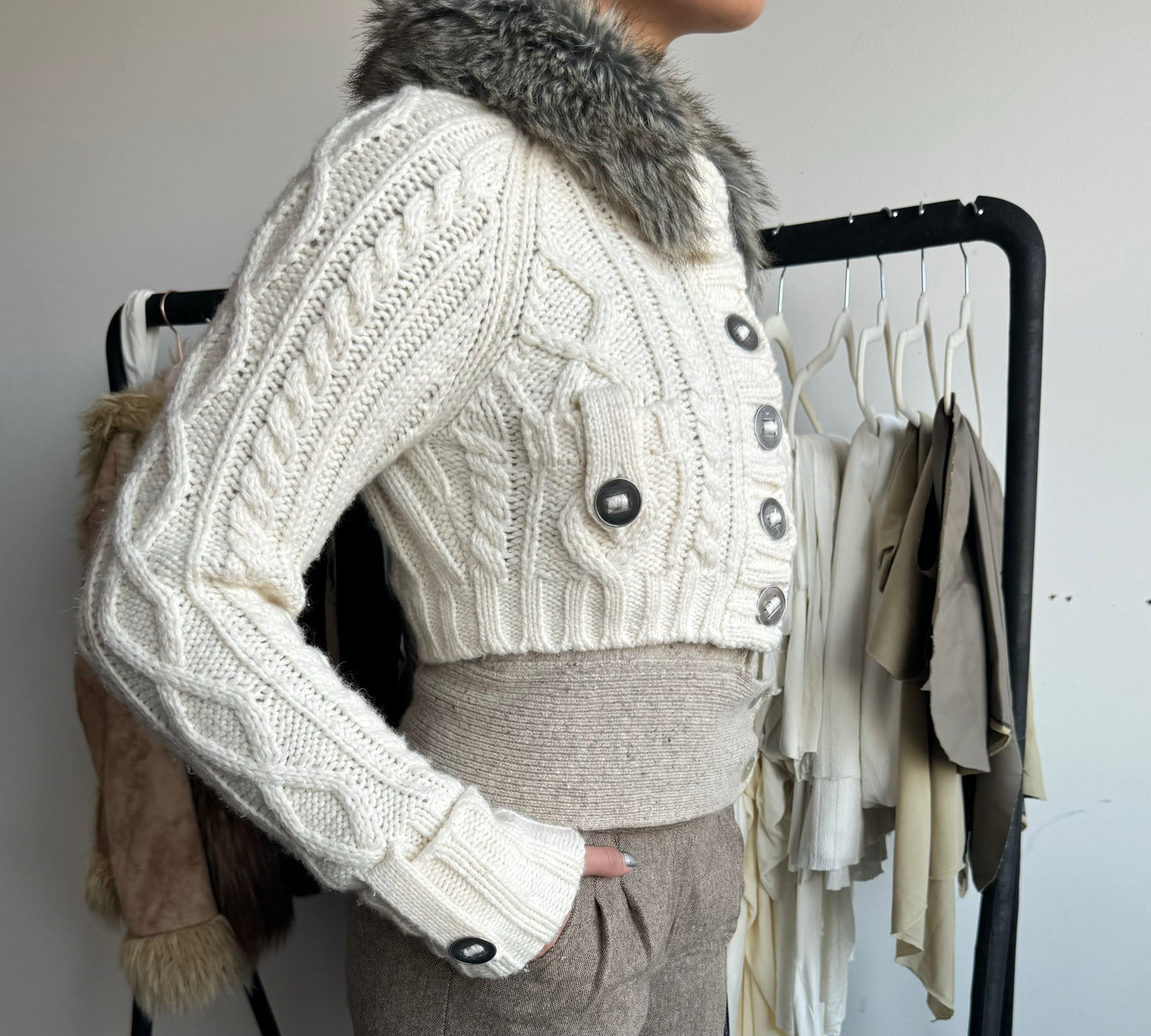 Faux Fur Wool Crop Cardi