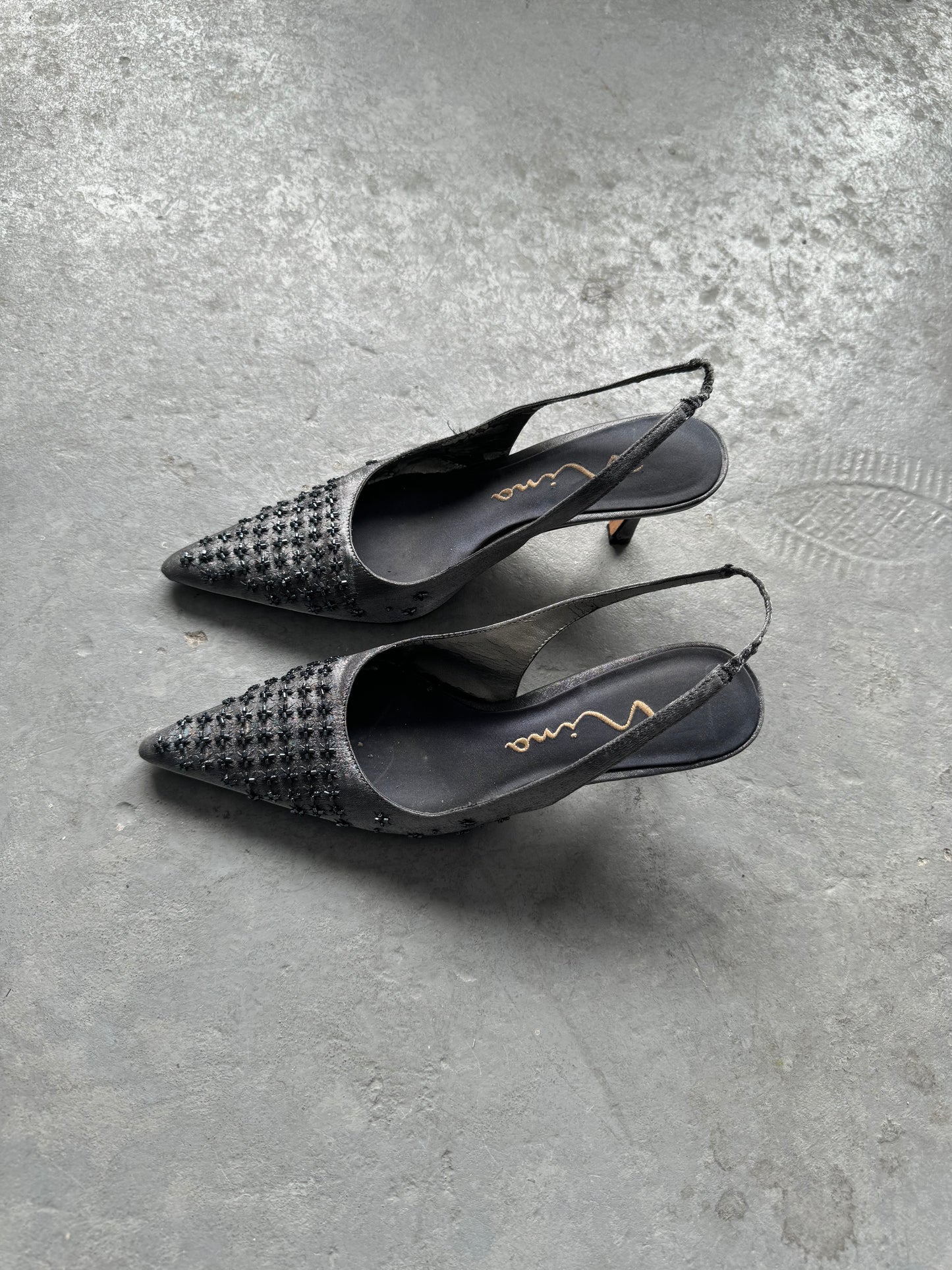 Silver Pointy Sling Back Heels Size 6.5
