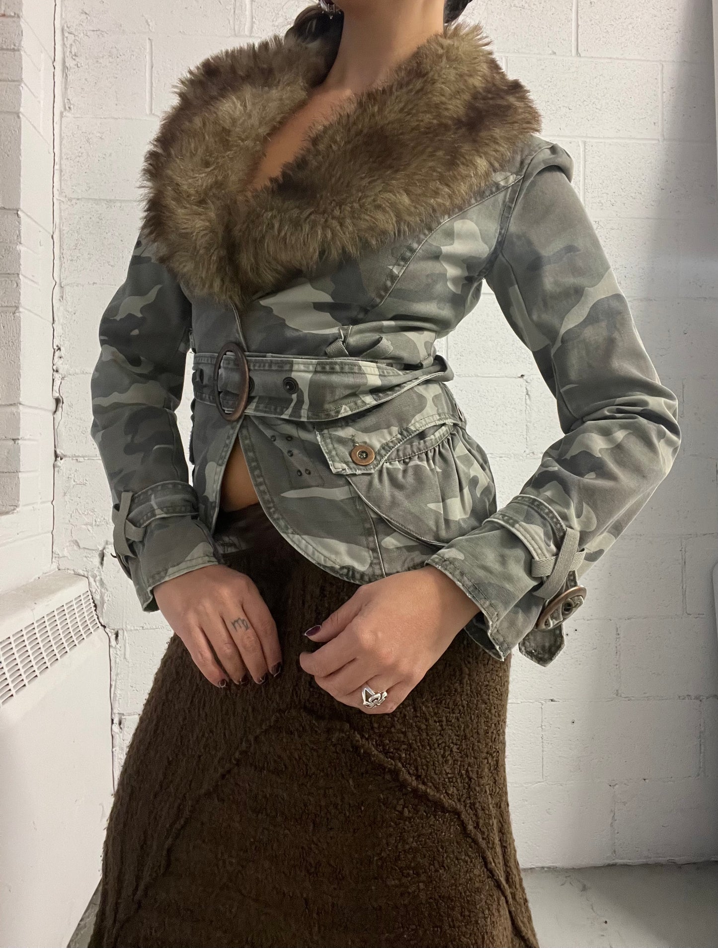 Camo Faux Fur Trim Blazer