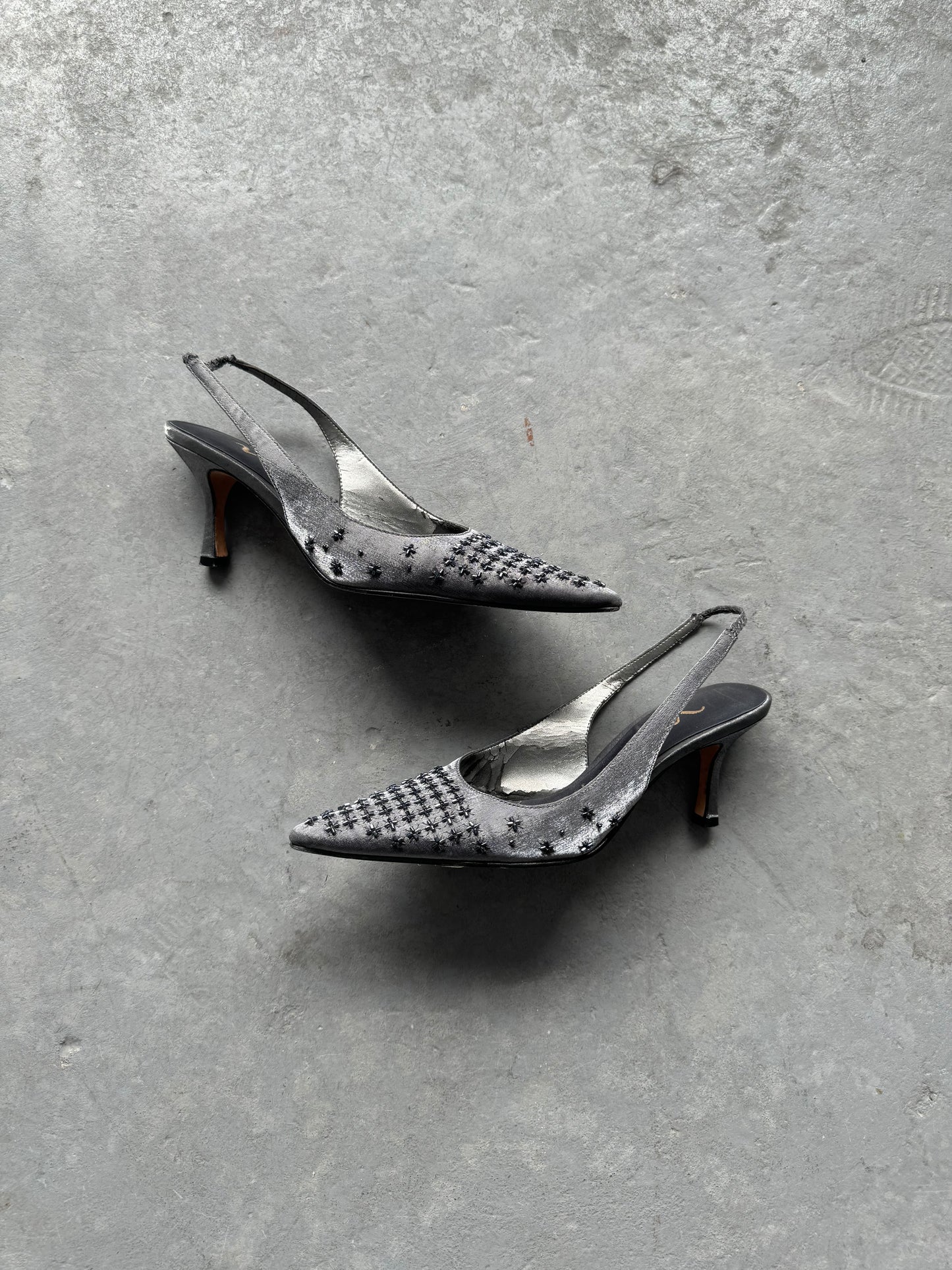 Silver Pointy Sling Back Heels Size 6.5