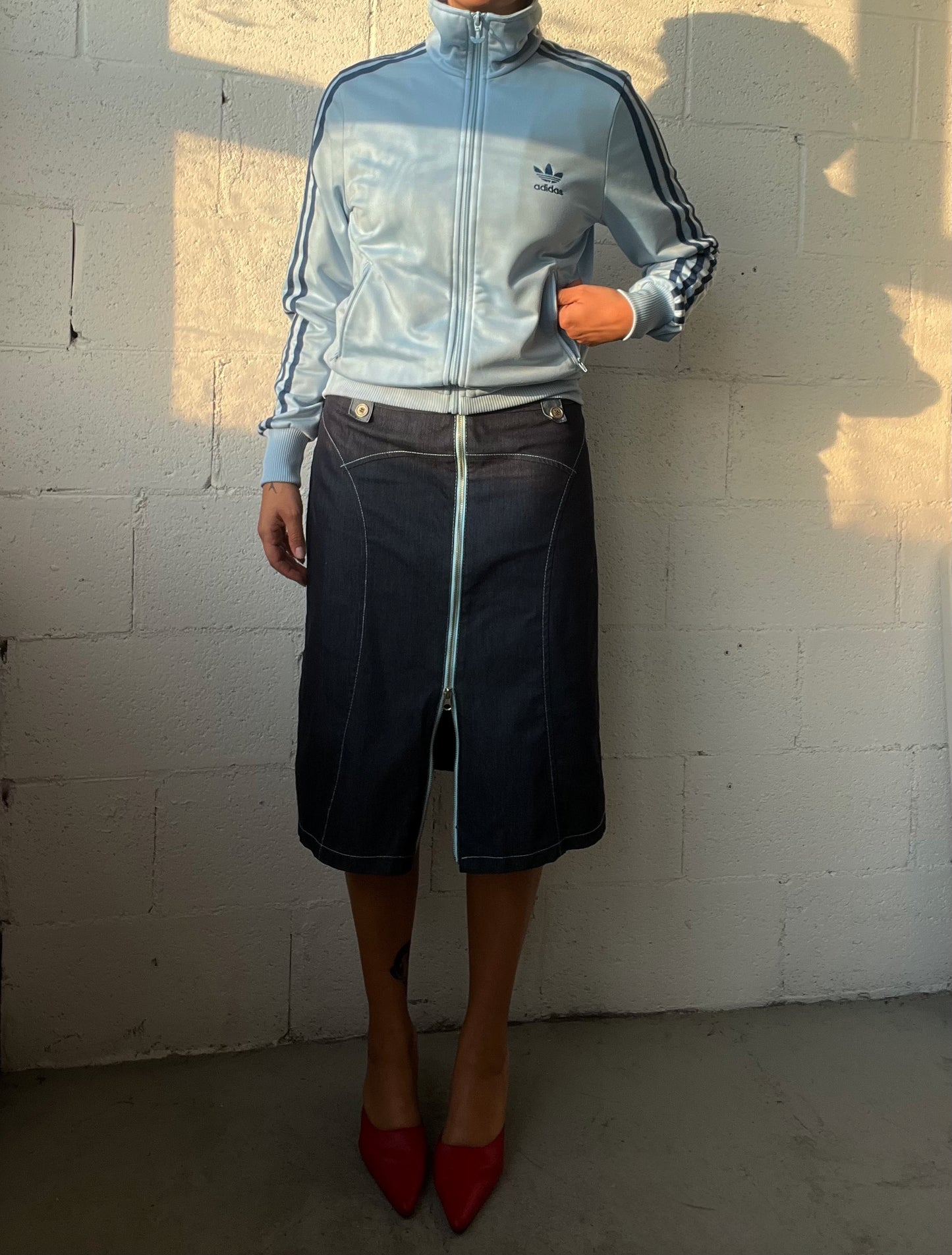 Denim Double Zip Midi Skirt