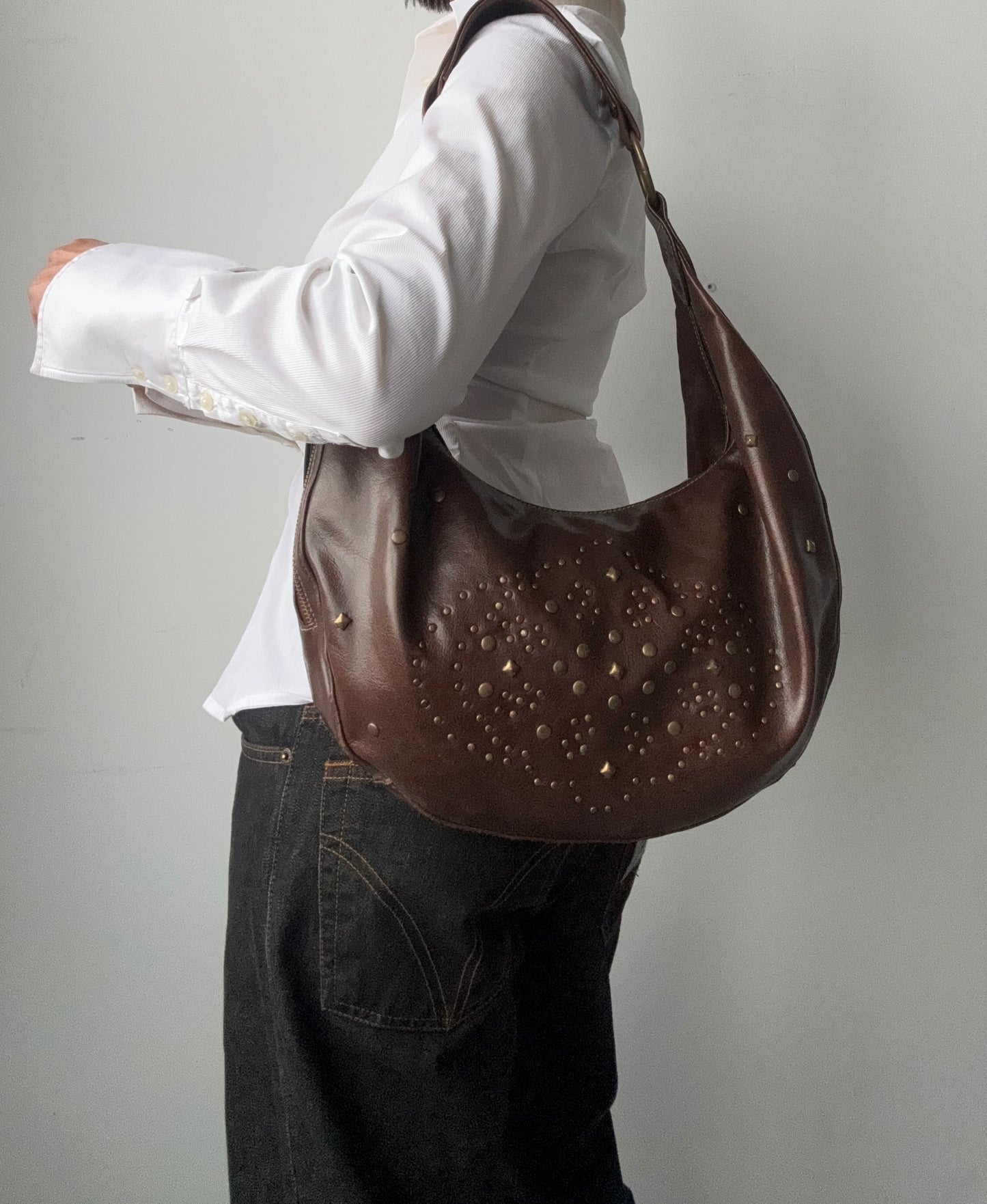 Brown Studded Faux Leather Hobo Purse