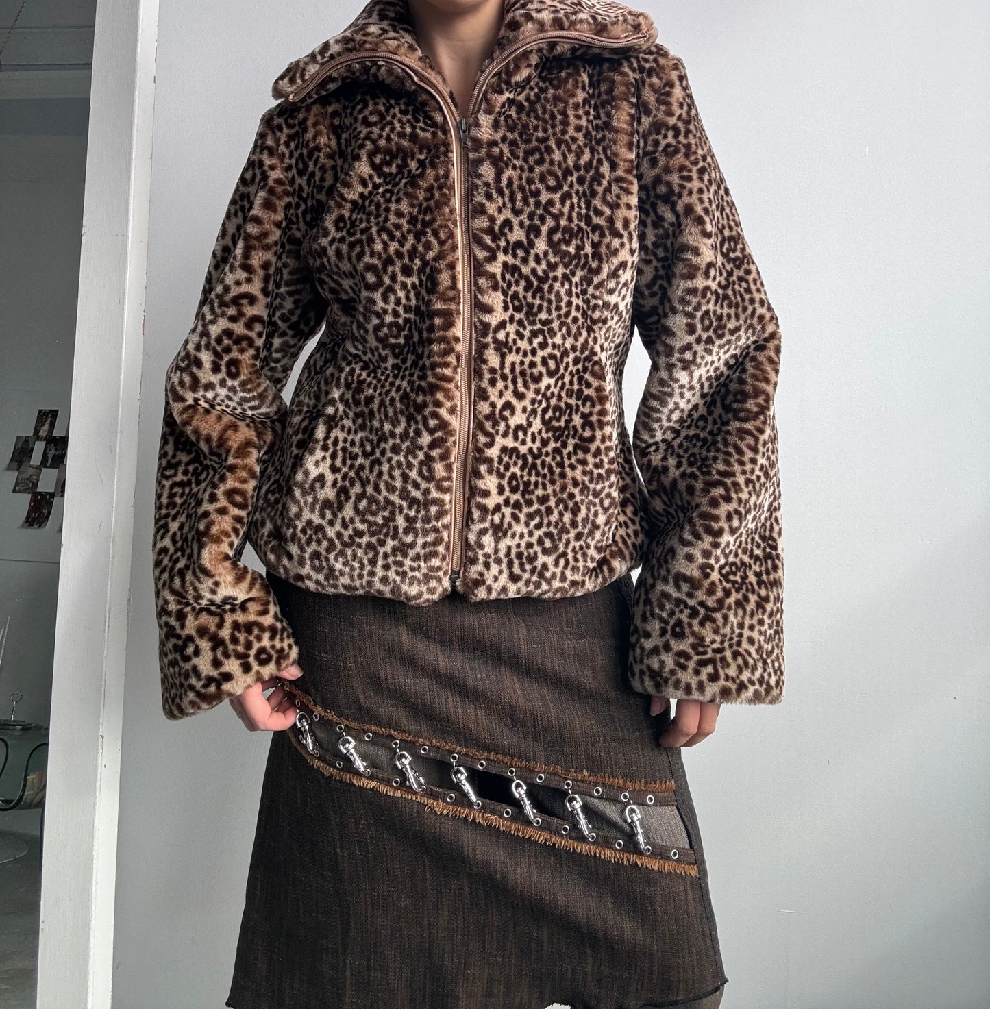 Faux Fur Leopard Print Zip Jacket M