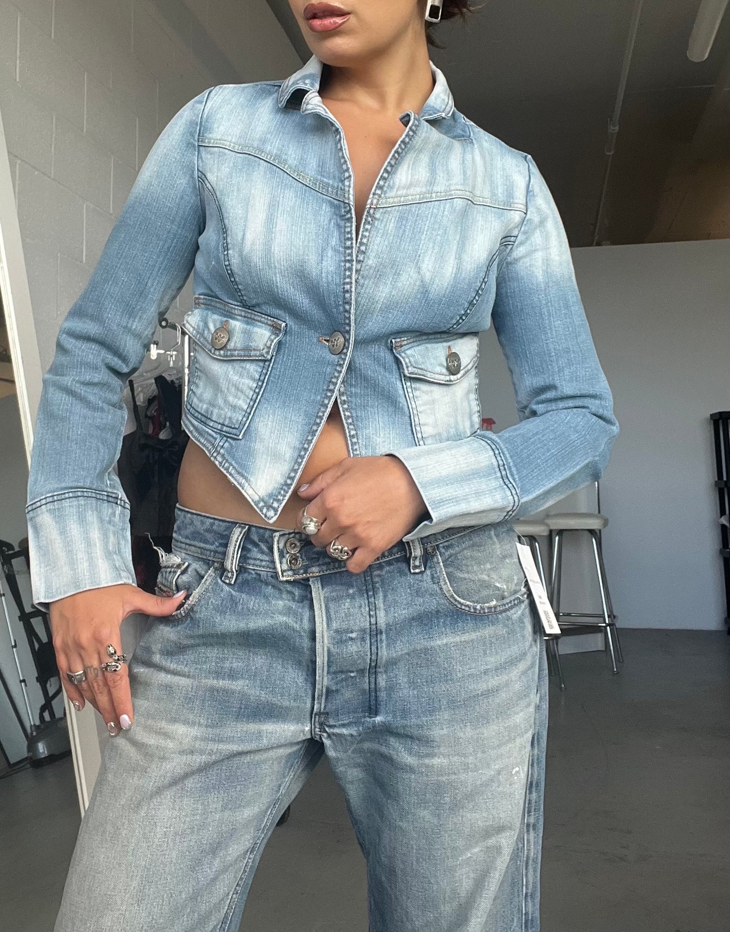 Cropped Asymmetric Denim Blazer