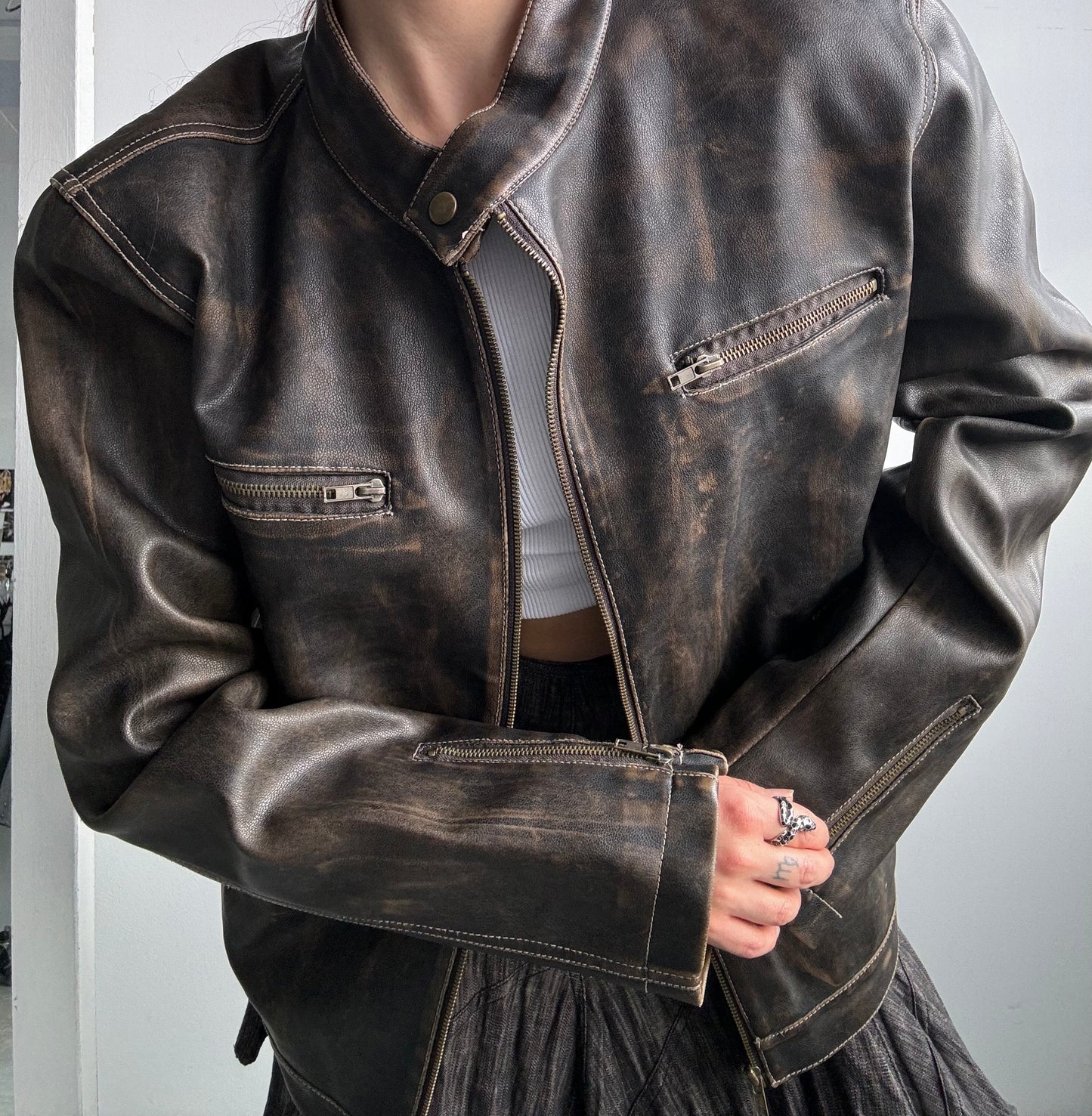 Faux Leather Espresso Moto Jacket M/L