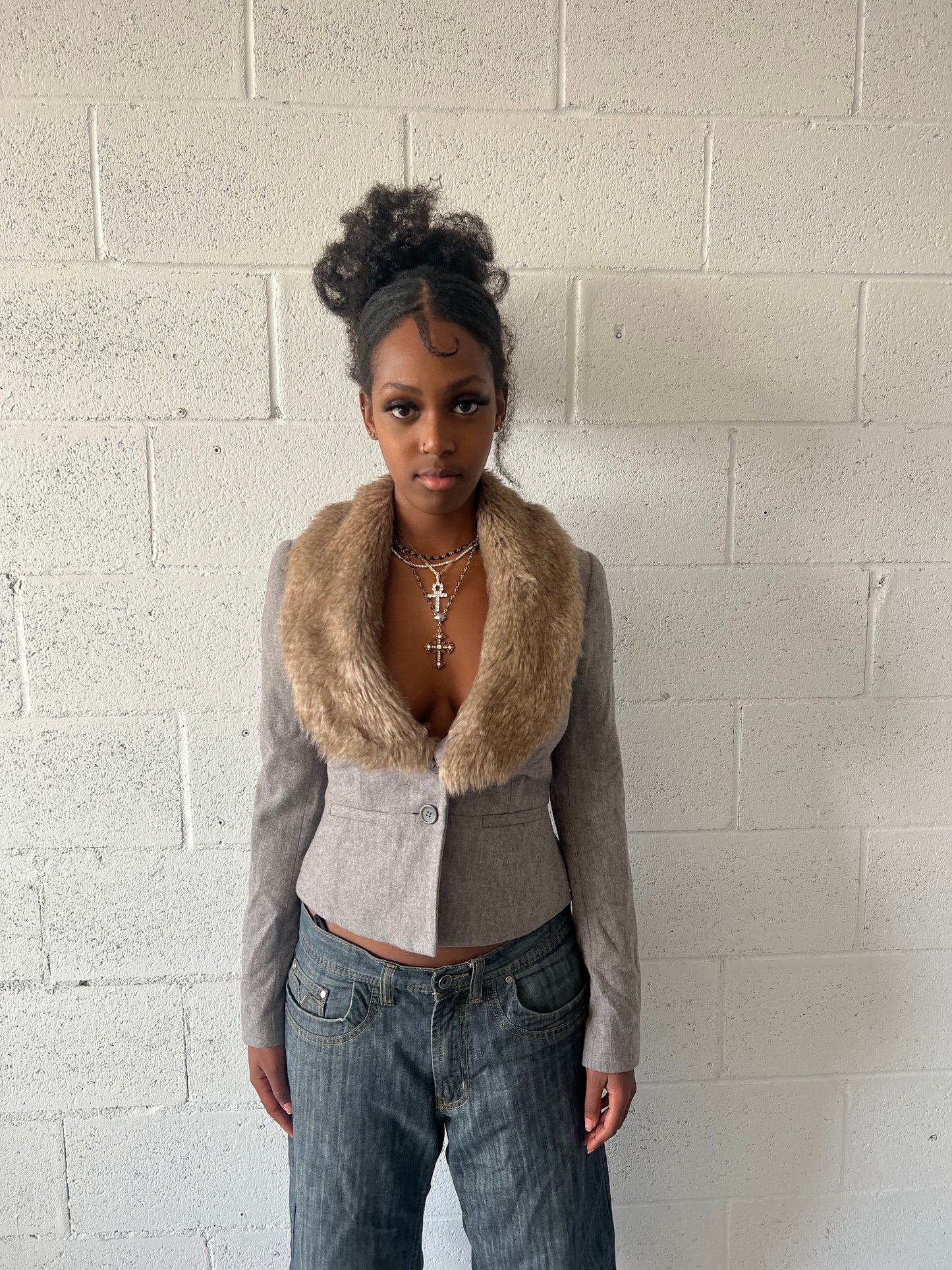 Faux Fur Trim Wool Blend Blazer