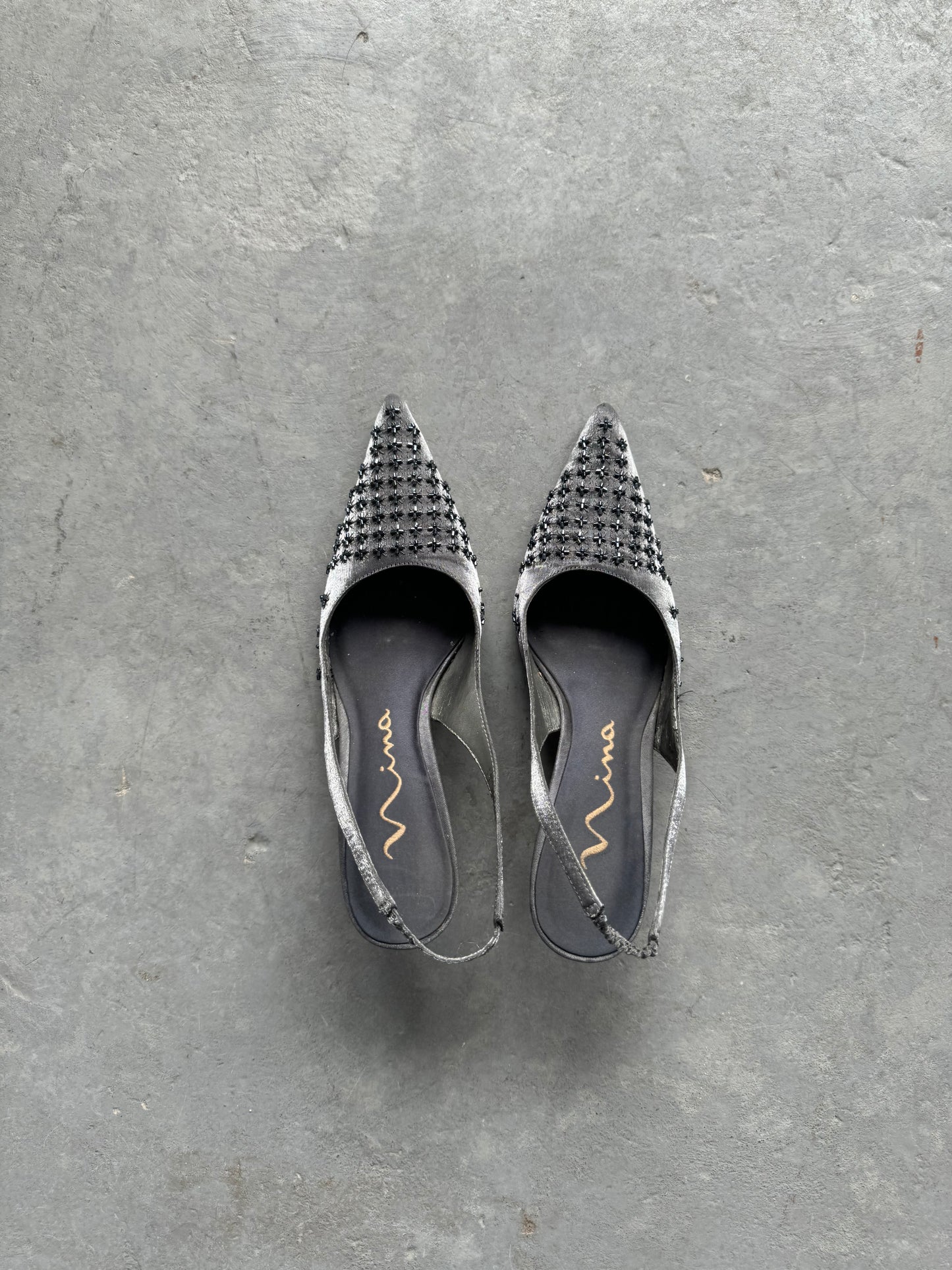 Silver Pointy Sling Back Heels Size 6.5