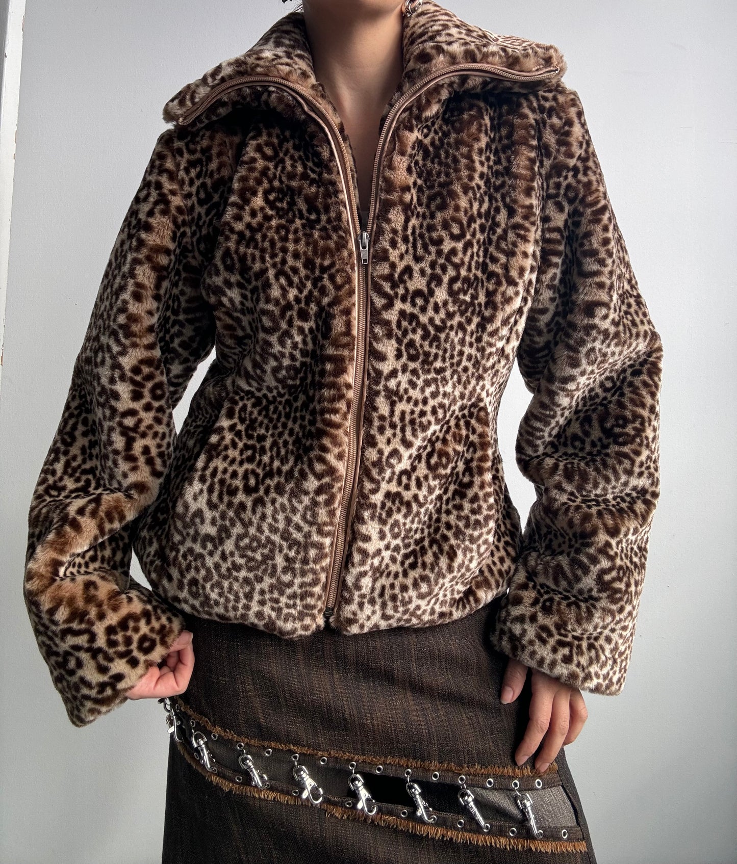 Faux Fur Leopard Print Zip Jacket M