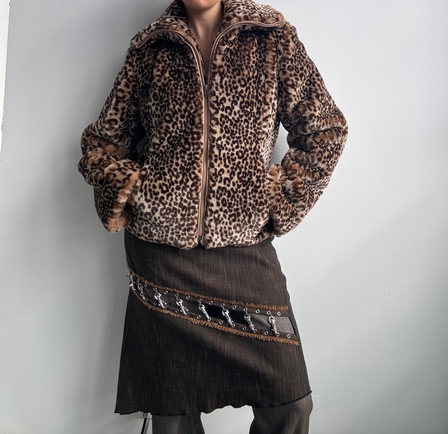 Faux Fur Leopard Print Zip Jacket M