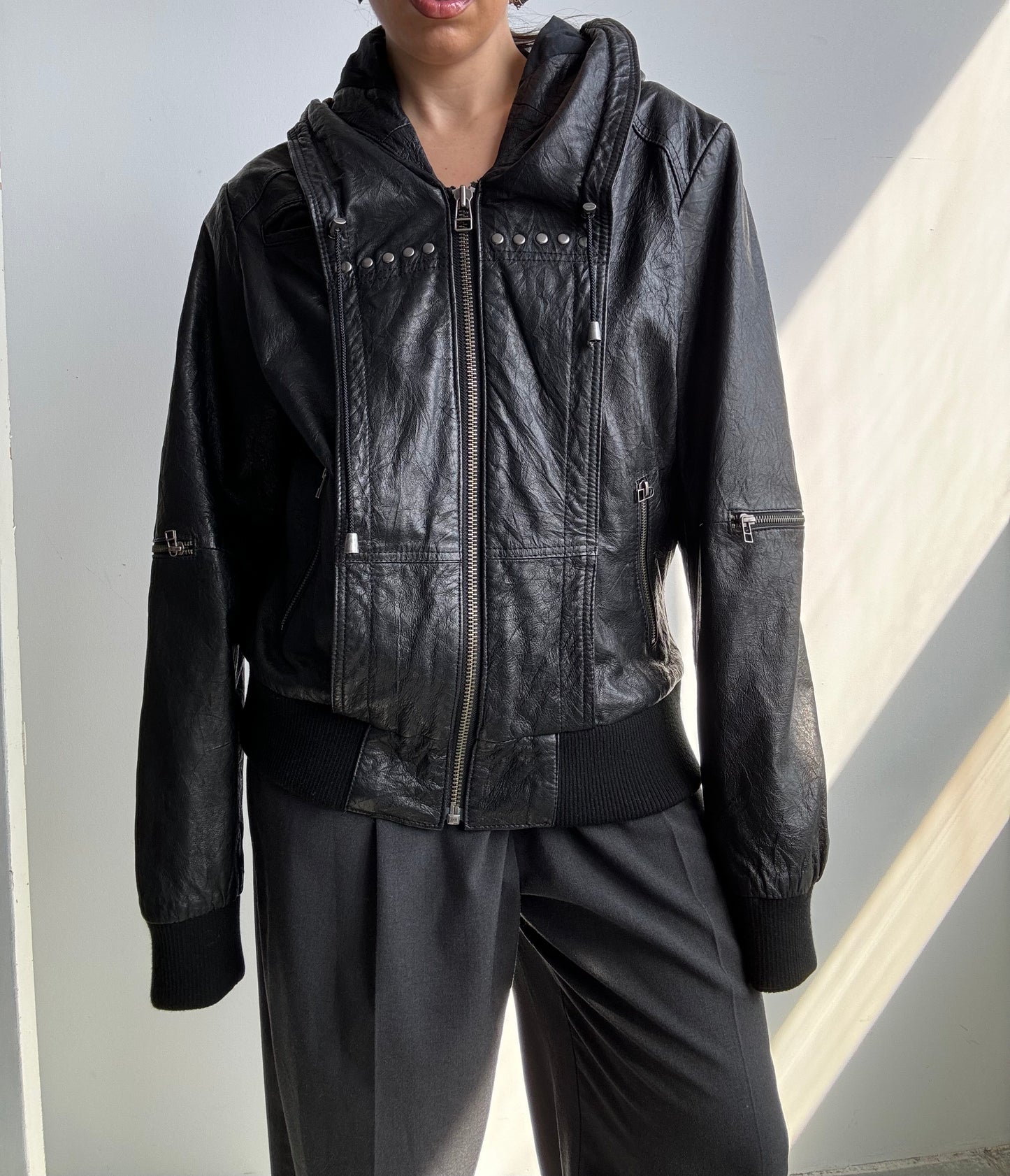 Danier Hooded Stud Leather Jacket