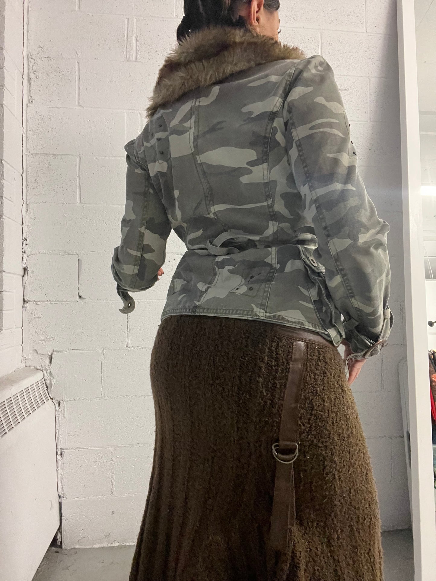 Camo Faux Fur Trim Blazer