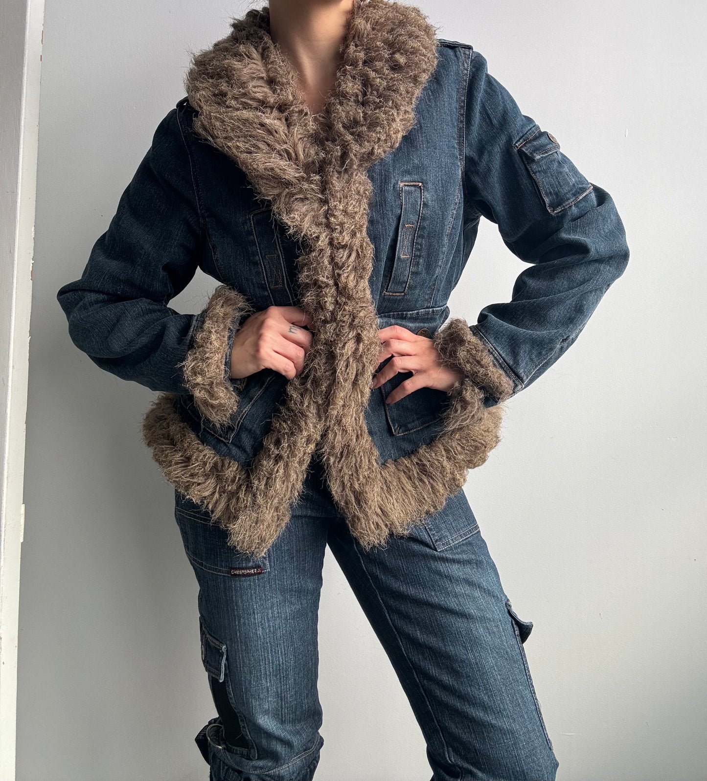 Faux Fur Denim Afghan Jacket M