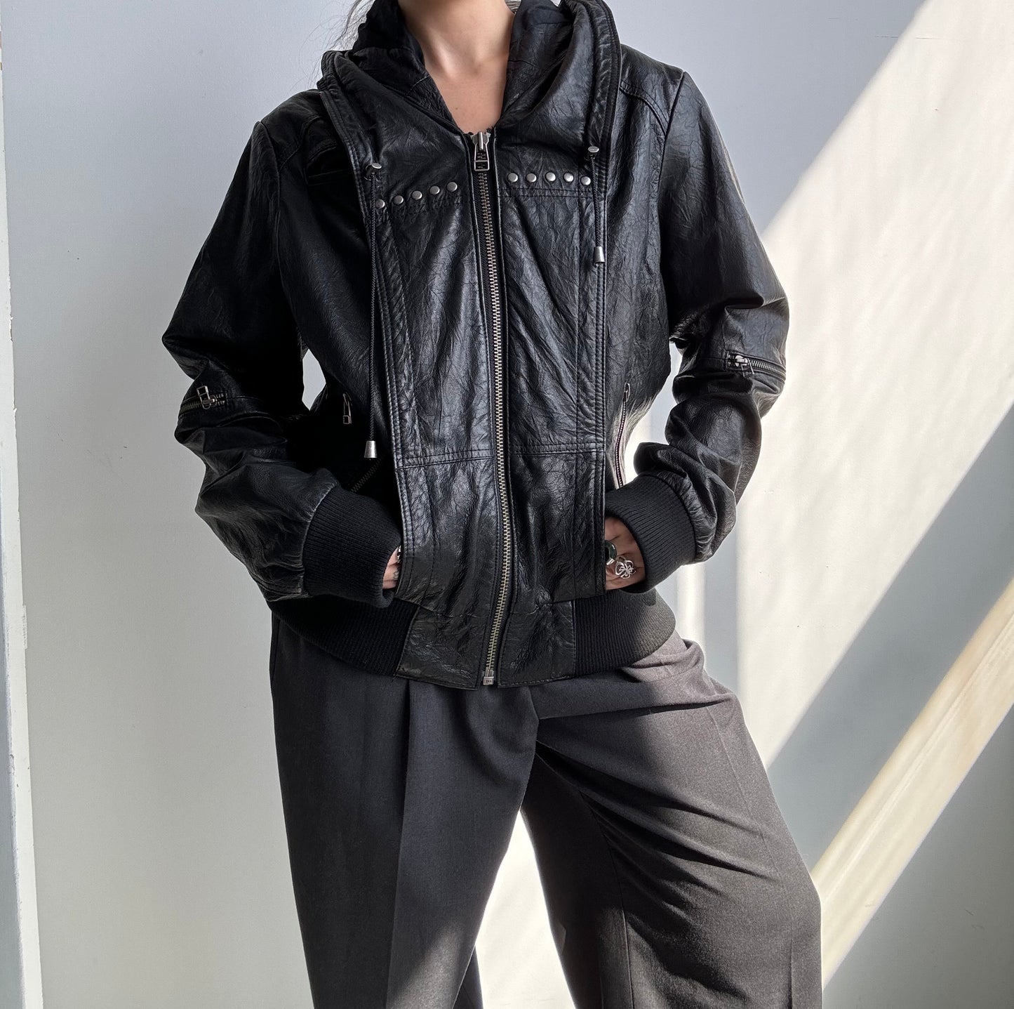 Danier Hooded Stud Leather Jacket