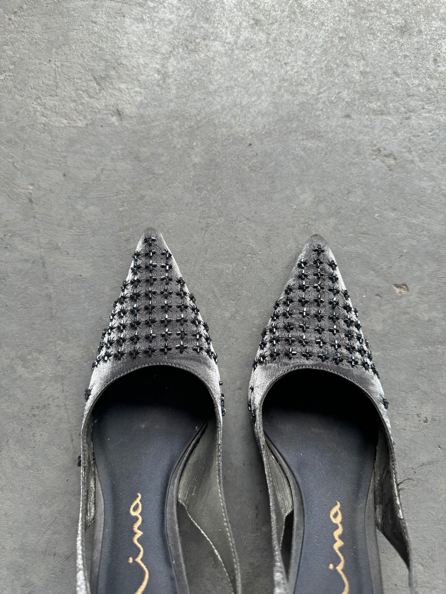Silver Pointy Sling Back Heels Size 6.5