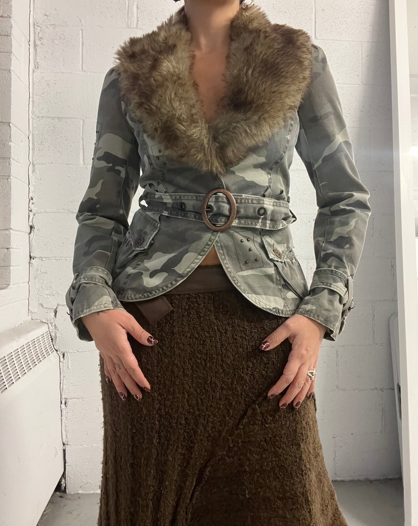 Camo Faux Fur Trim Blazer