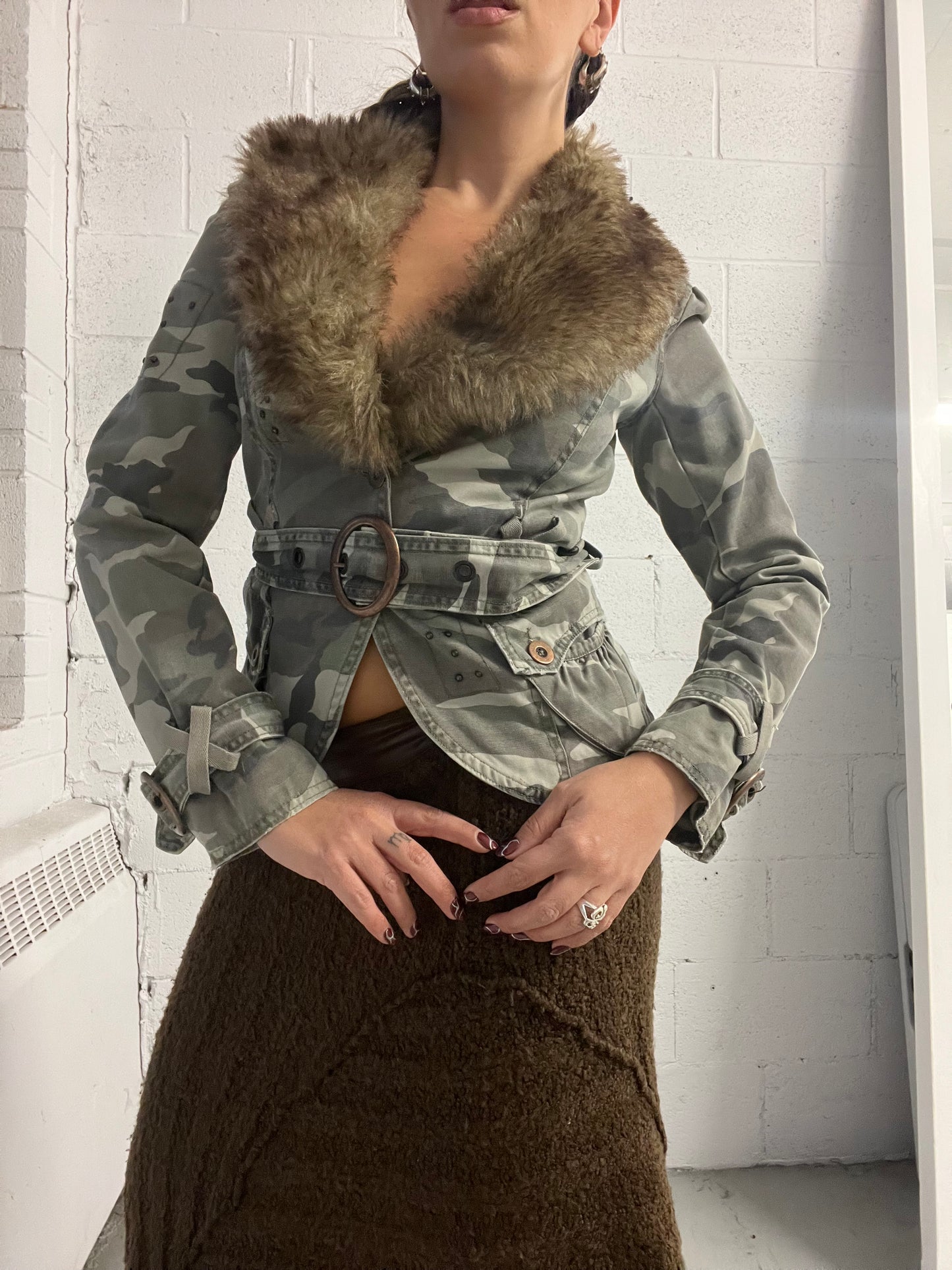 Camo Faux Fur Trim Blazer