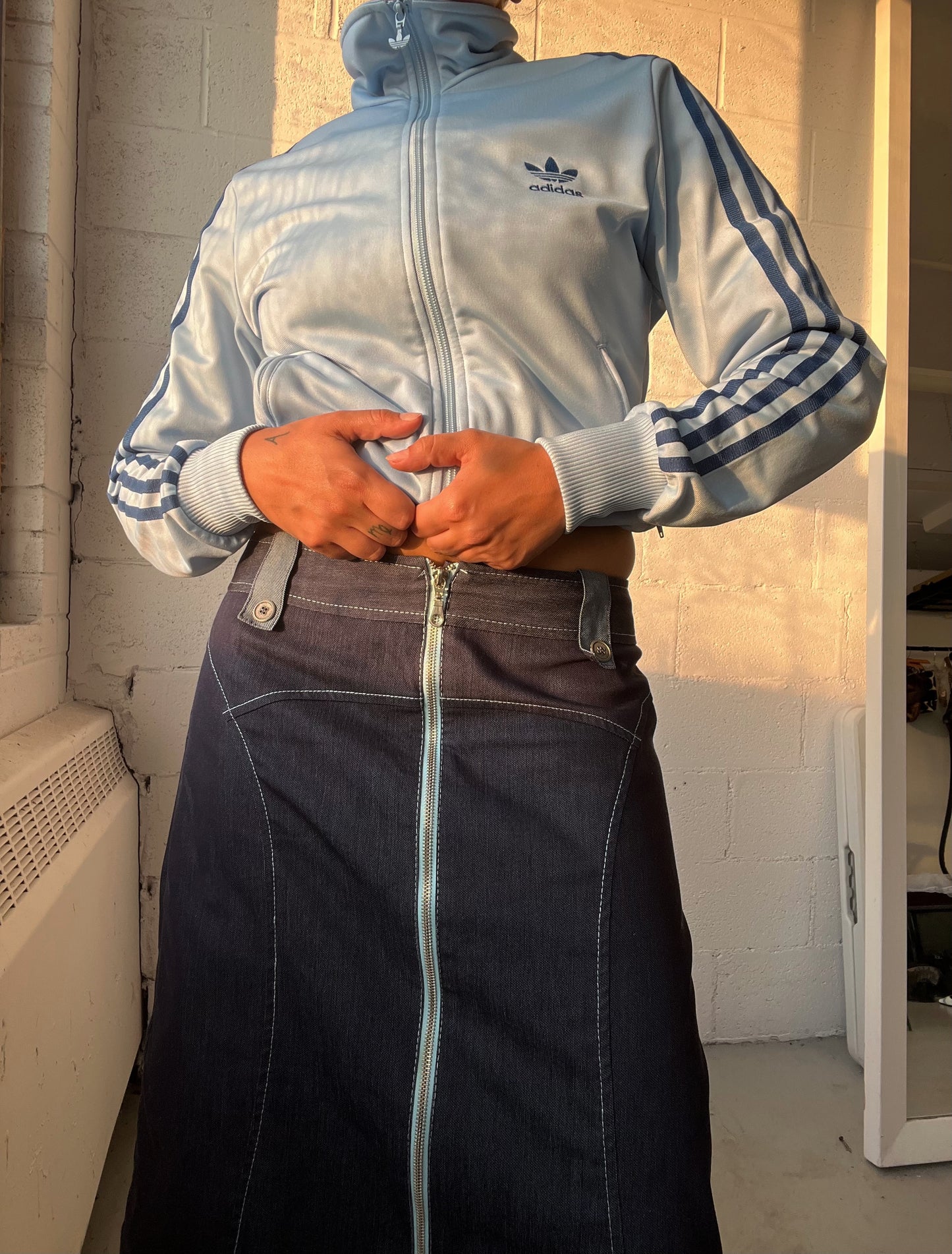 Denim Double Zip Midi Skirt