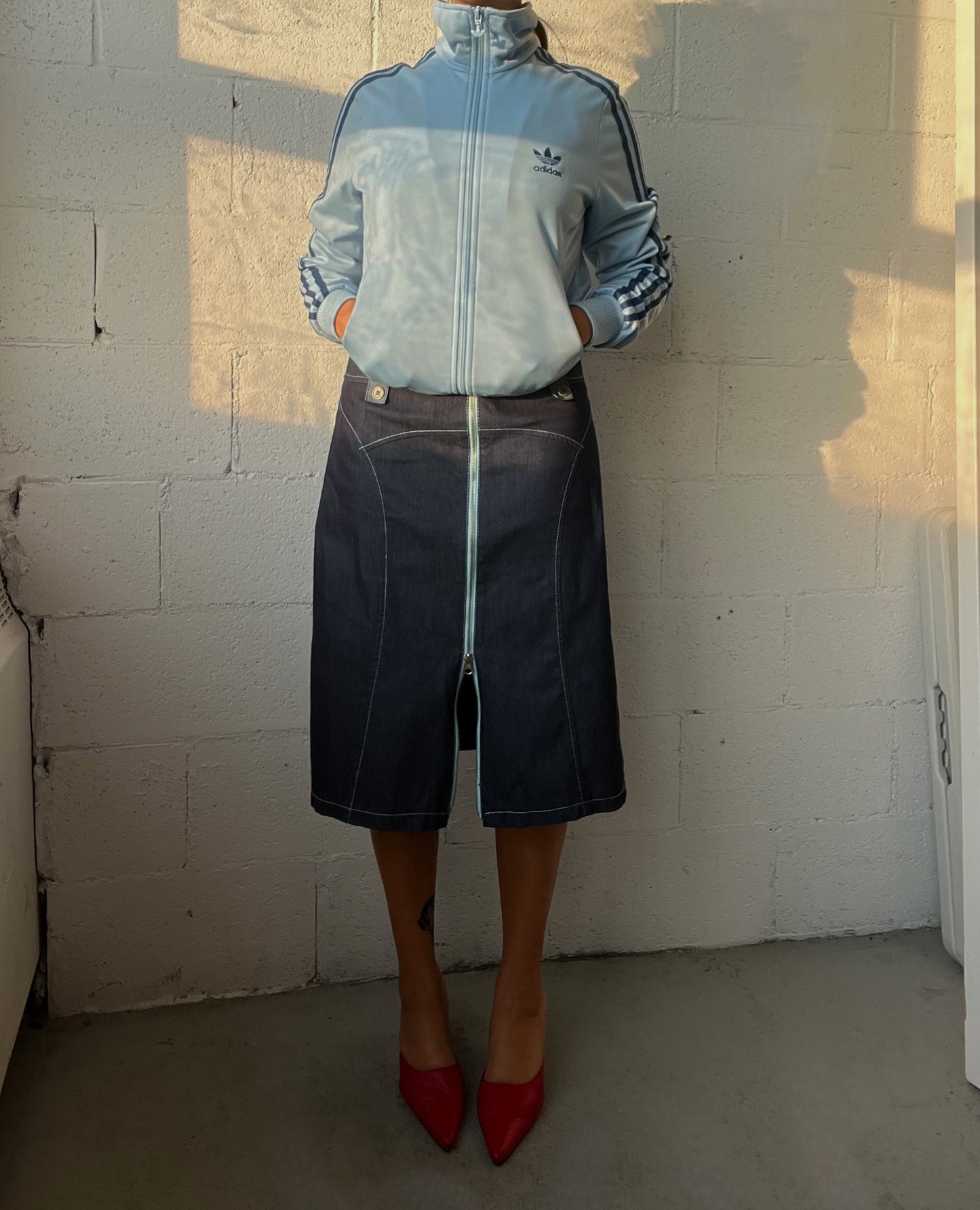 Denim Double Zip Midi Skirt