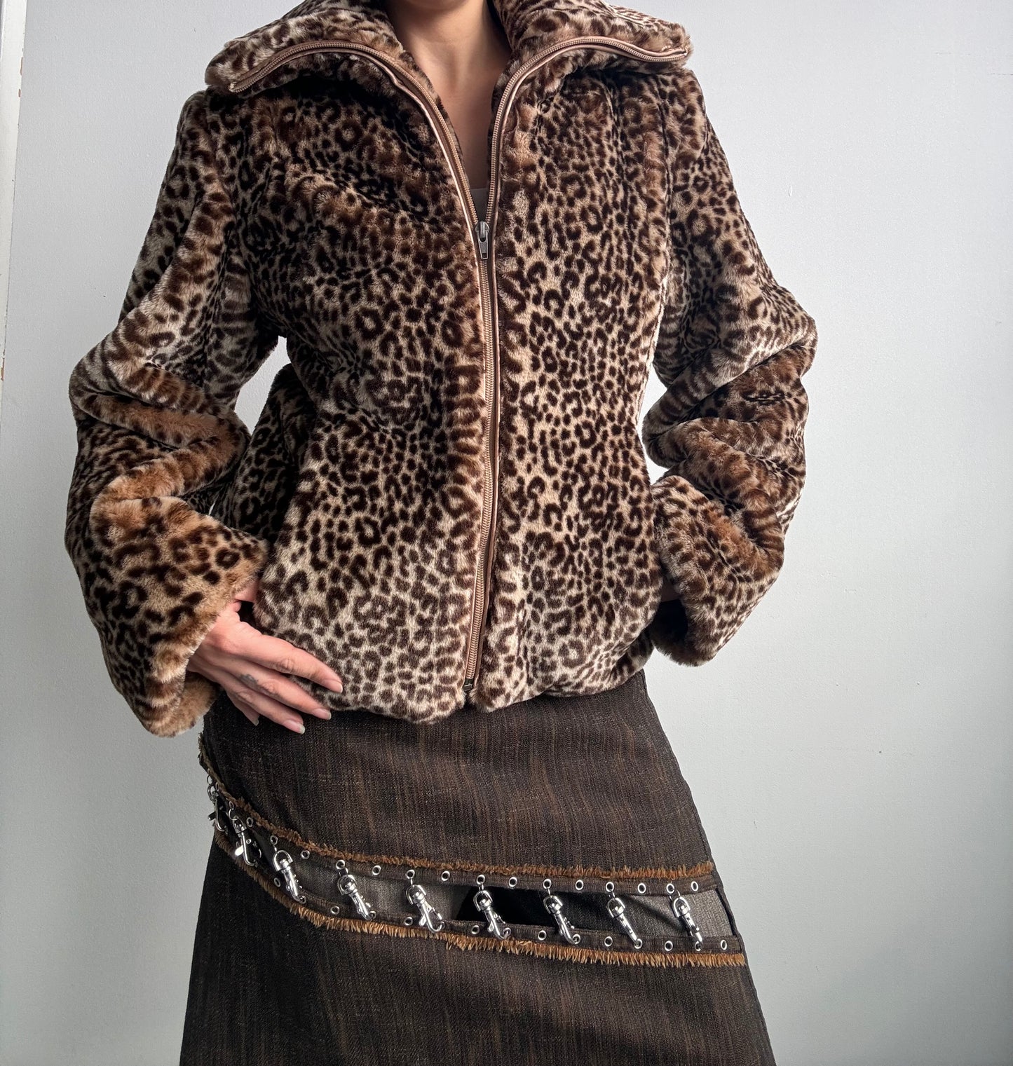 Faux Fur Leopard Print Zip Jacket M