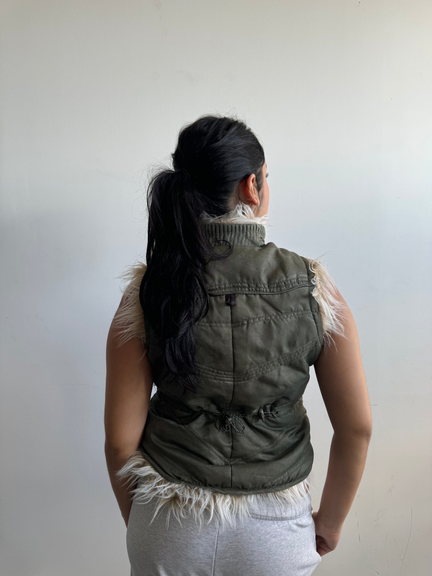 Khaki Faux Fur Trim Vest