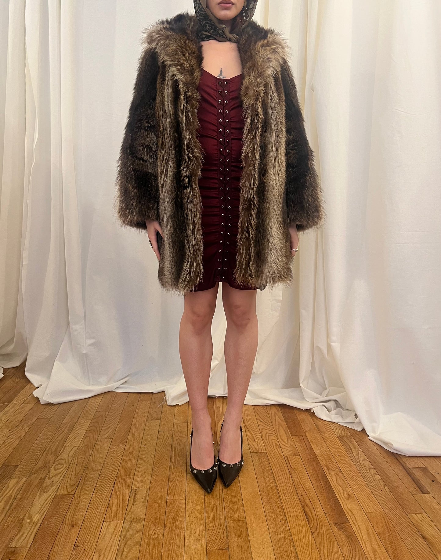 Brown & Beige Vintage Fur Coat