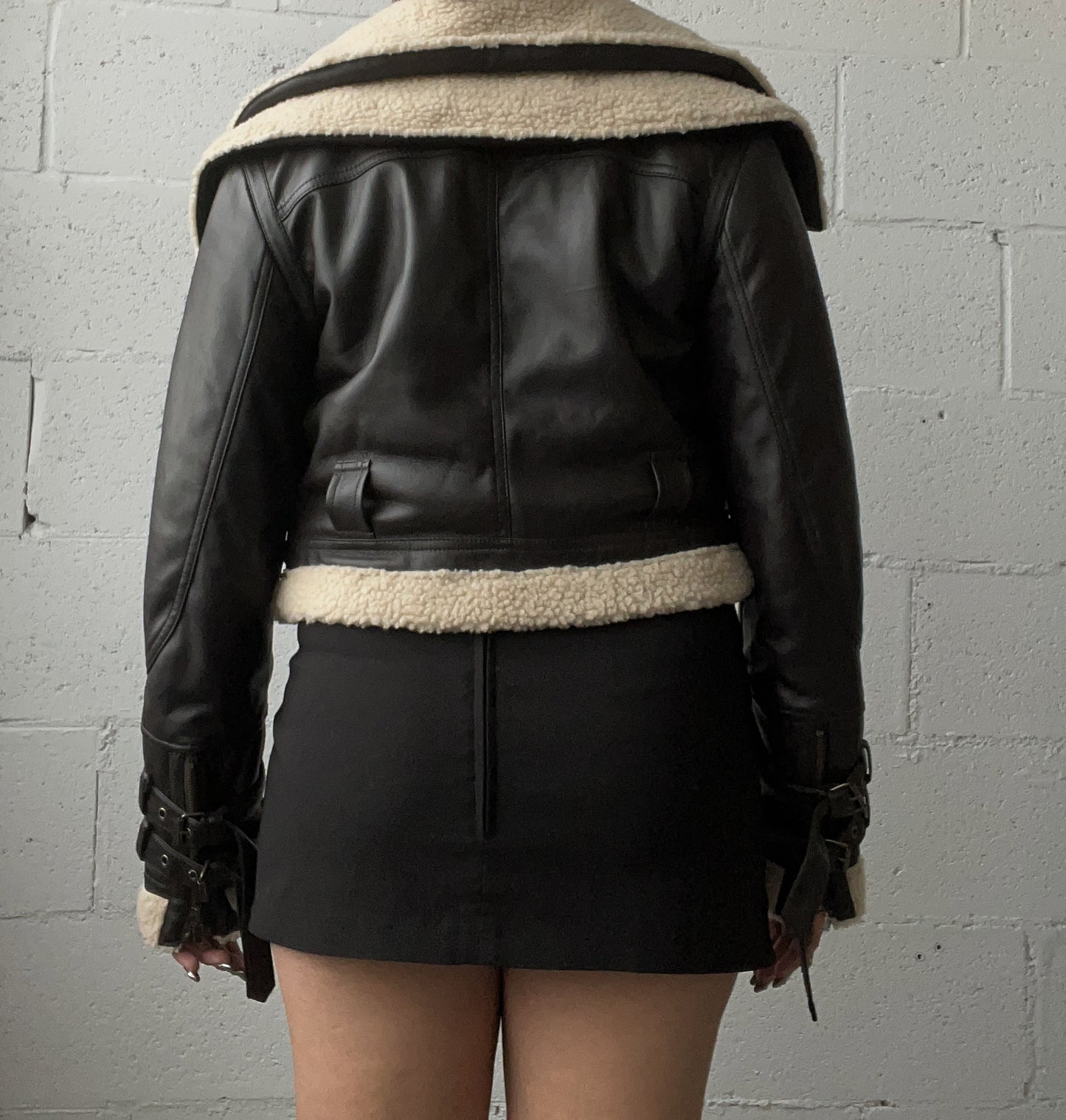Cropped Faux Leather Double Zip Sherpa Jacket