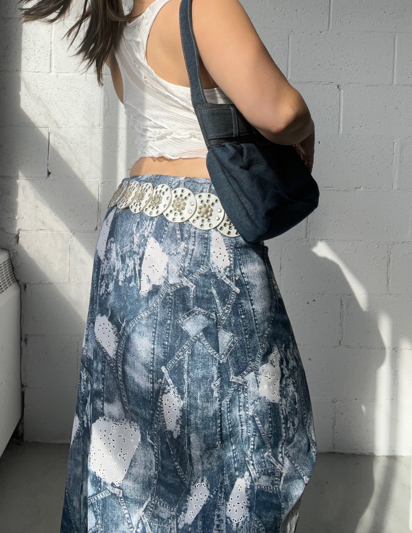 Denim x Lace Print Maxi Skirt