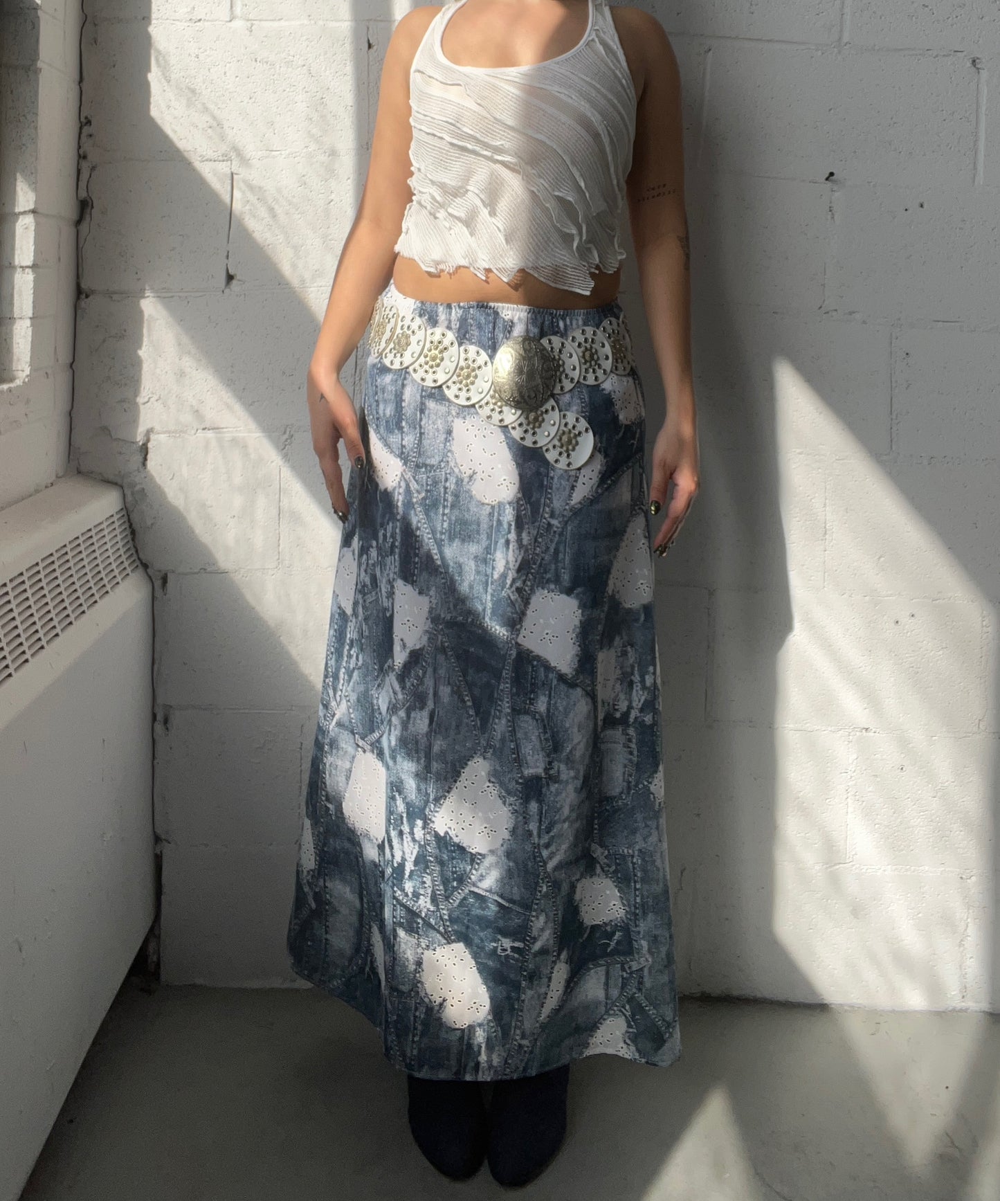 Denim x Lace Print Maxi Skirt