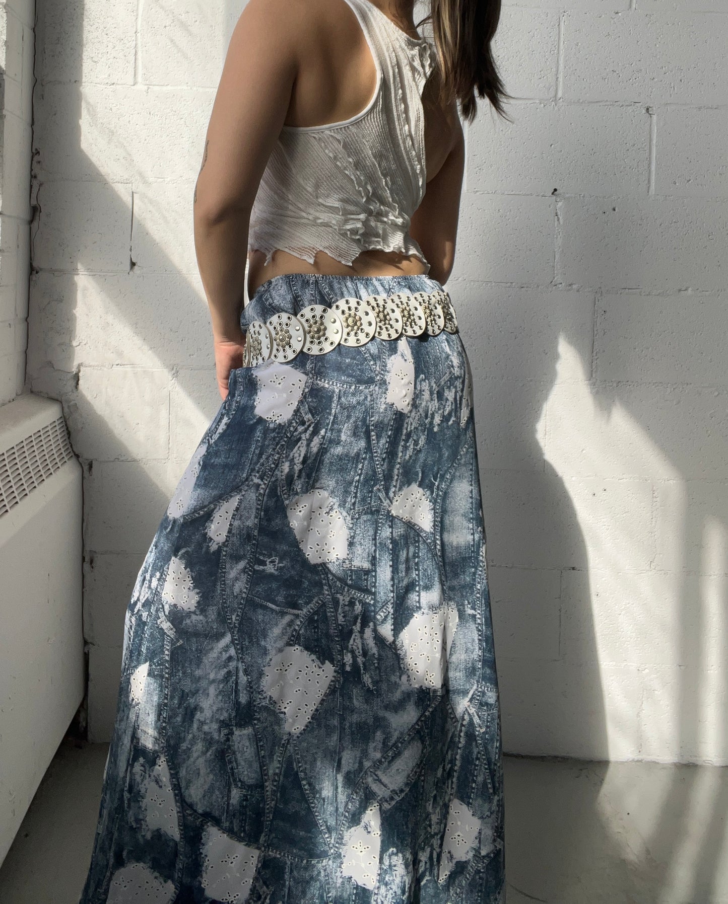Denim x Lace Print Maxi Skirt