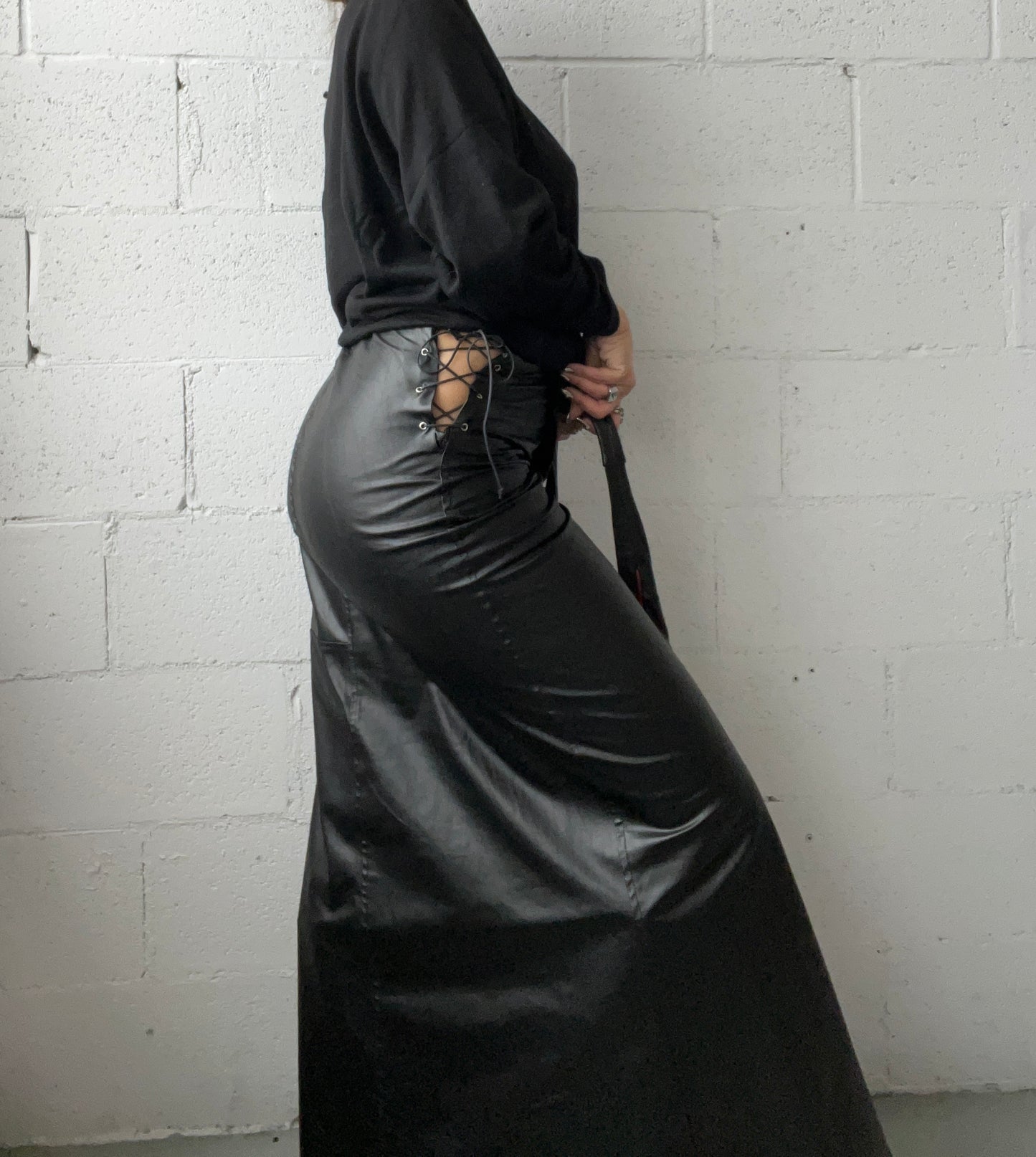 Faux Leather Tie Up Maxi Skirt