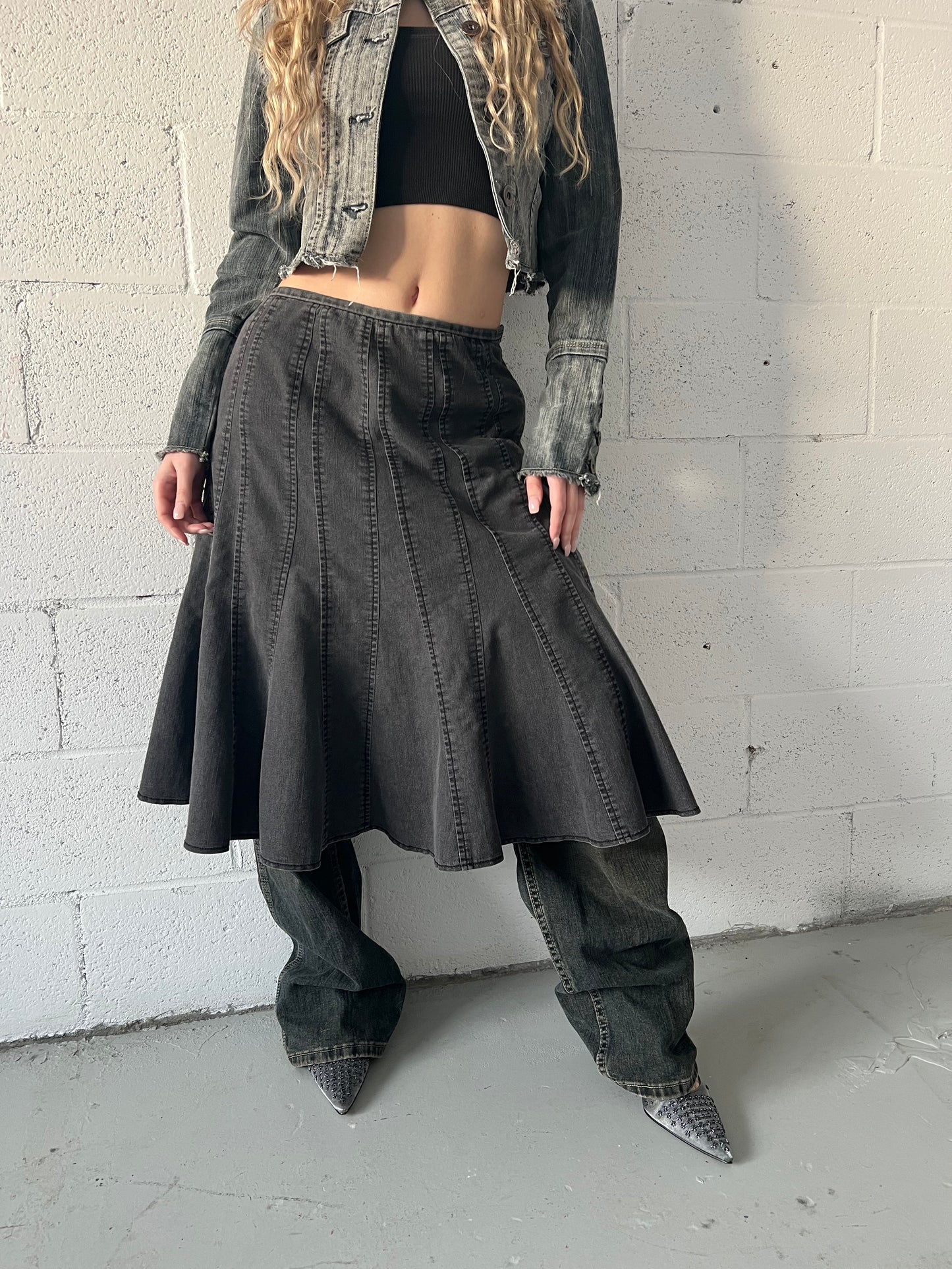 Grey Wash Denim Midi Skirt