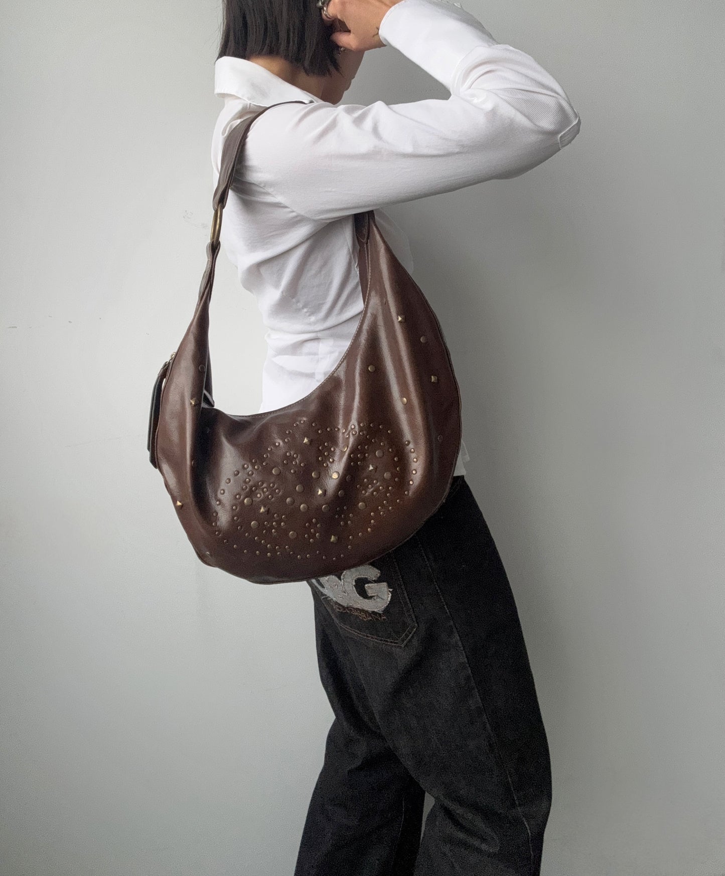 Brown Studded Faux Leather Hobo Purse