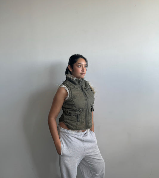 Khaki Faux Fur Trim Vest