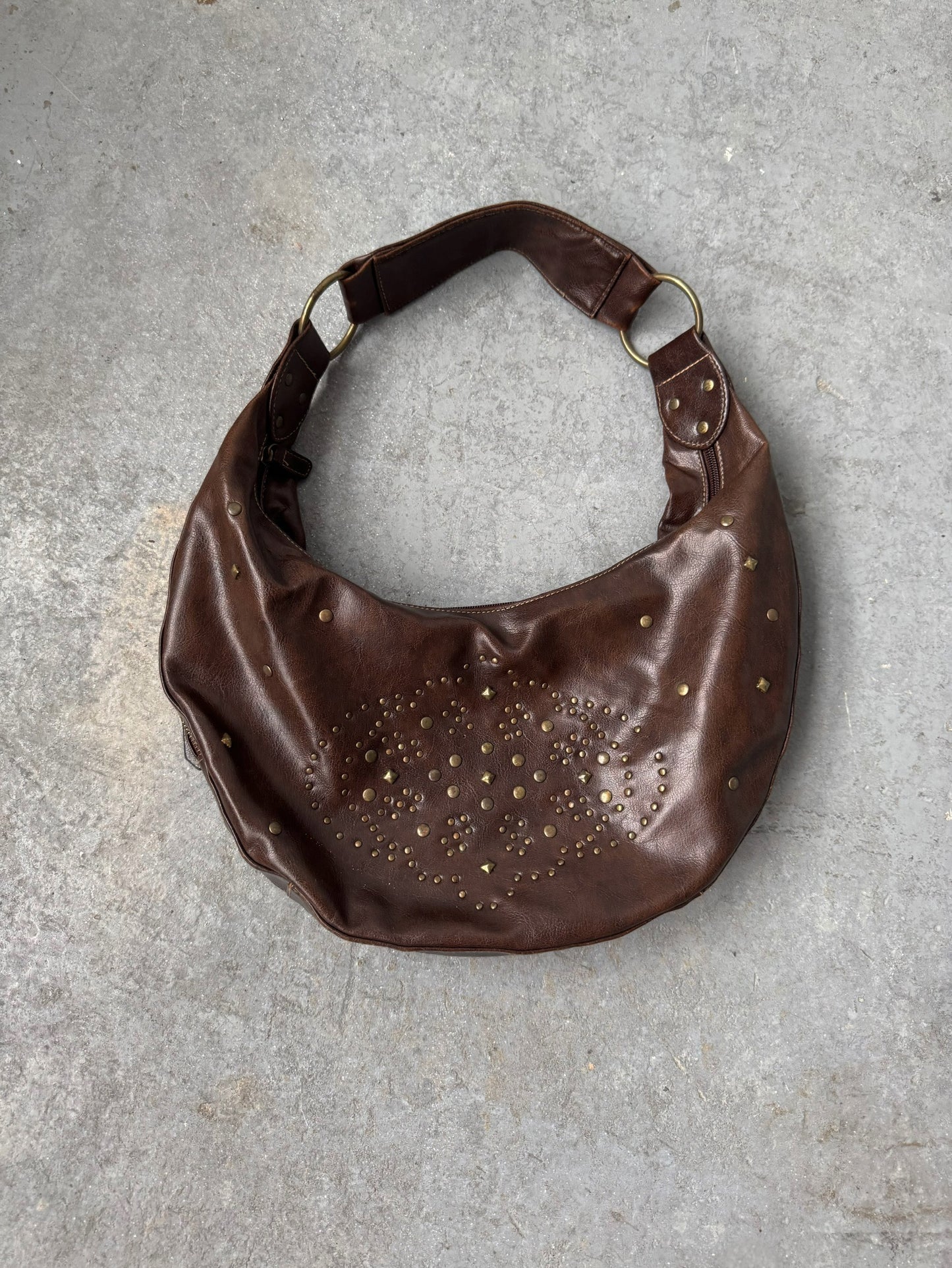 Brown Studded Faux Leather Hobo Purse