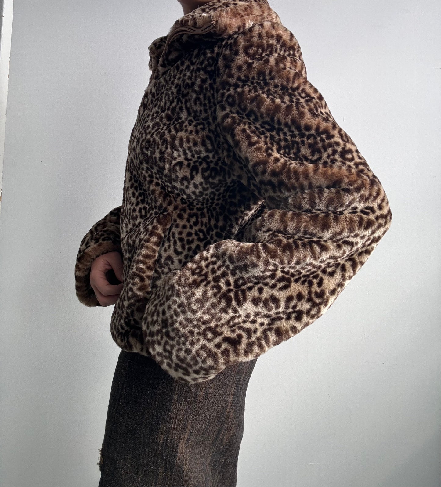 Faux Fur Leopard Print Zip Jacket M