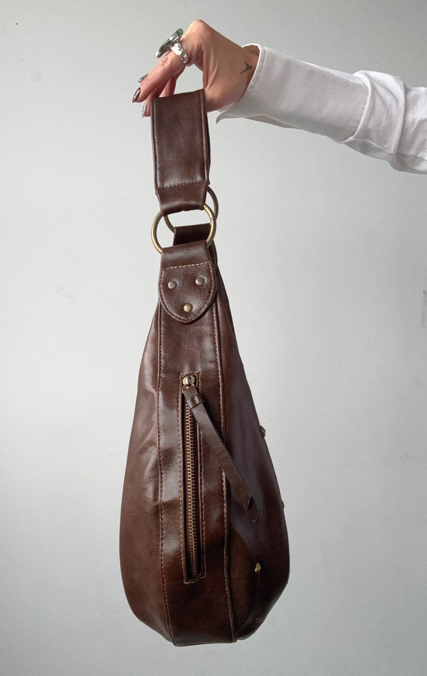 Brown Studded Faux Leather Hobo Purse