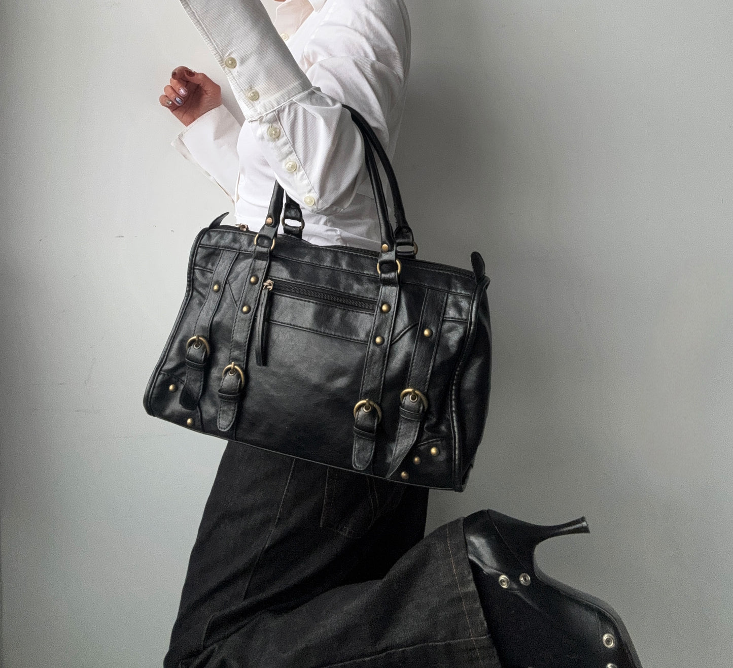 Faux Leather Stud Buckle Purse