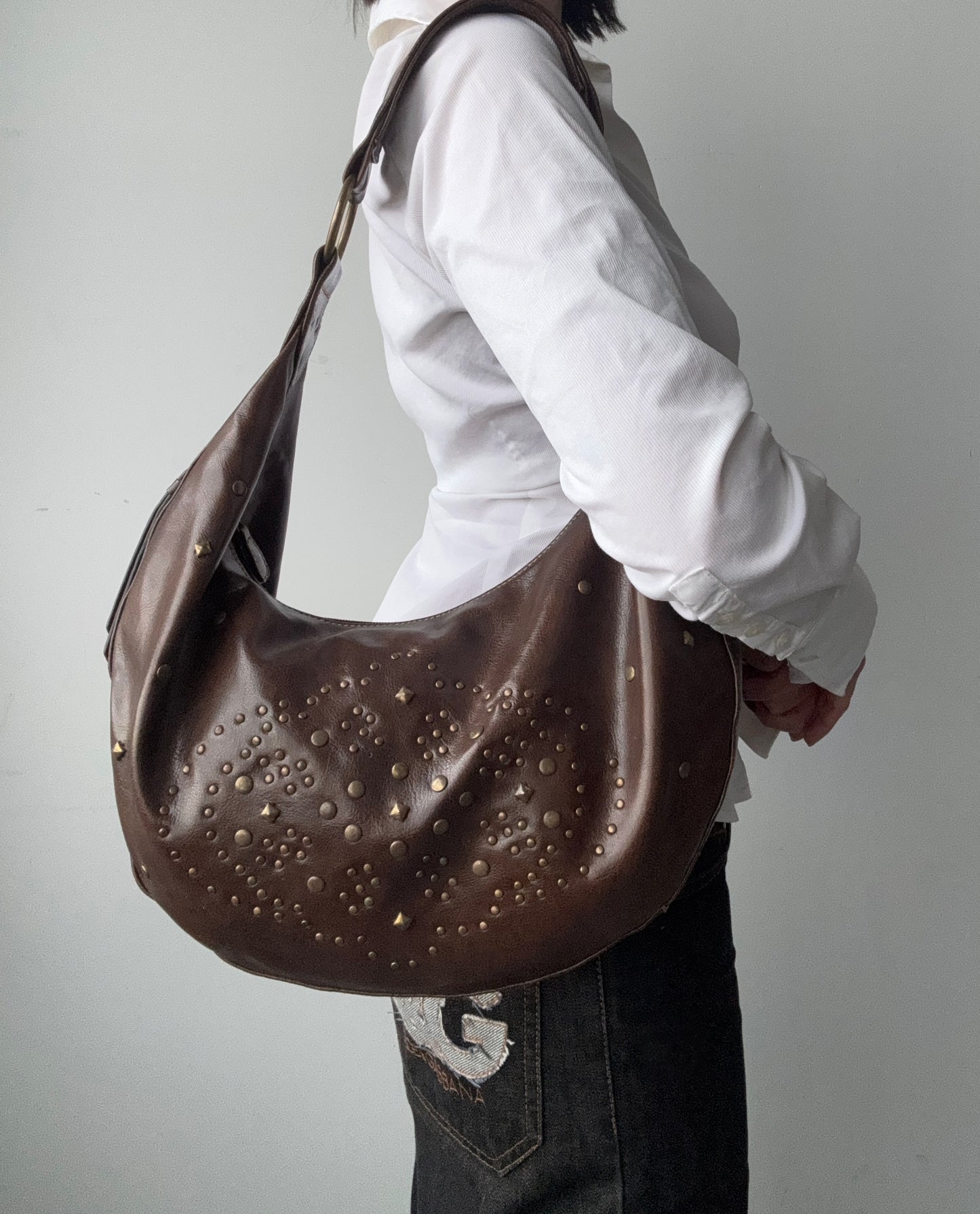 Brown Studded Faux Leather Hobo Purse