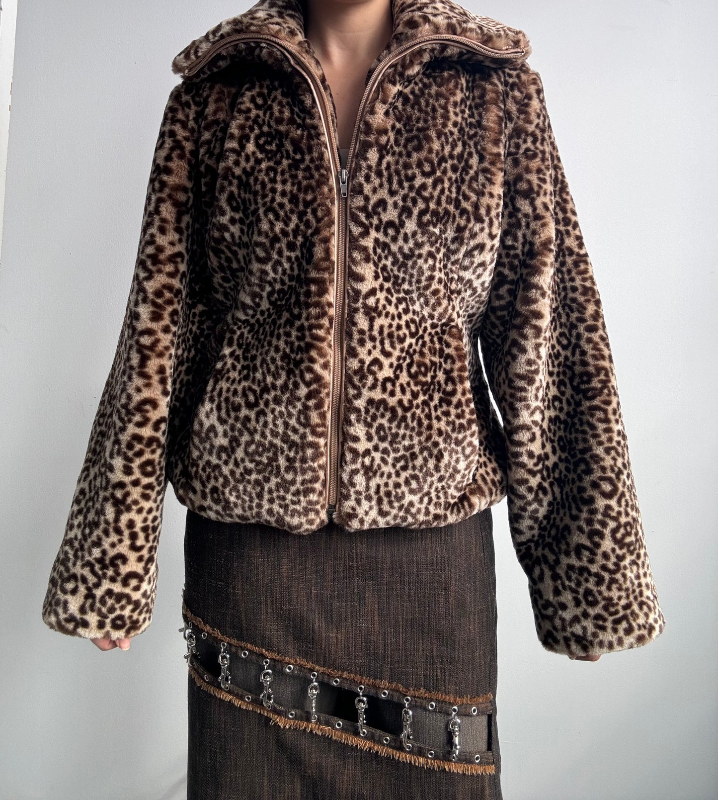 Faux Fur Leopard Print Zip Jacket M