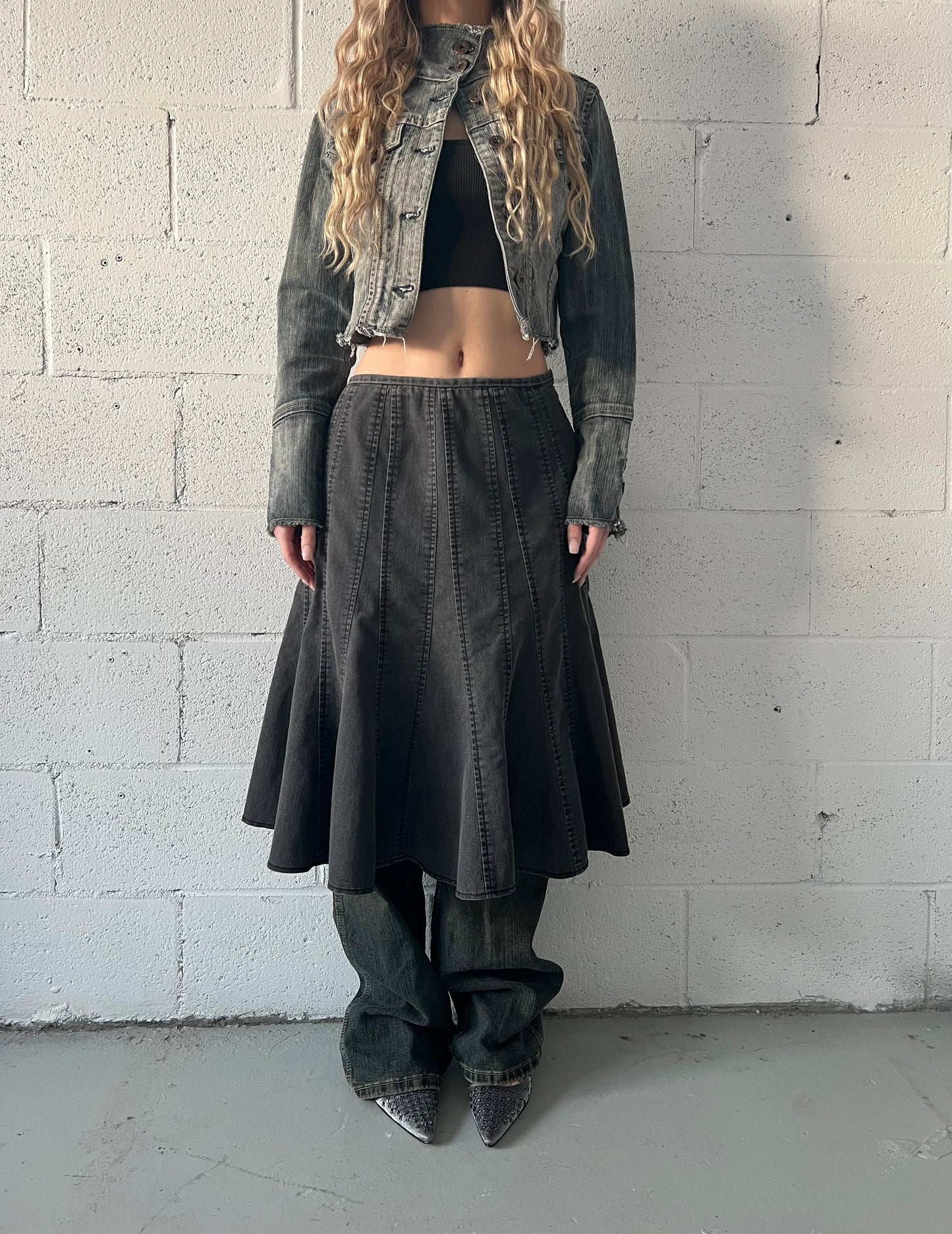 Grey Wash Denim Midi Skirt