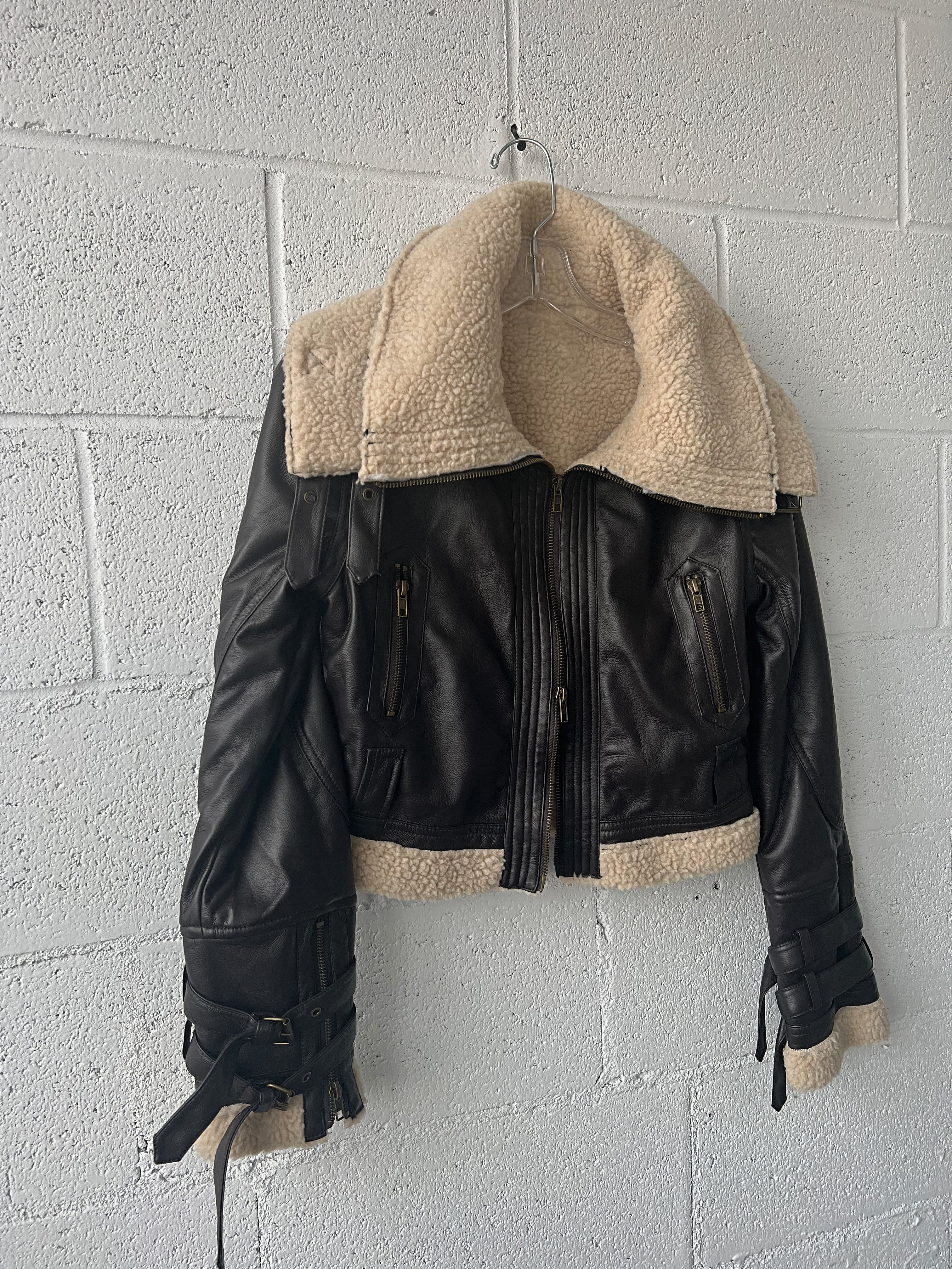 Cropped Faux Leather Double Zip Sherpa Jacket