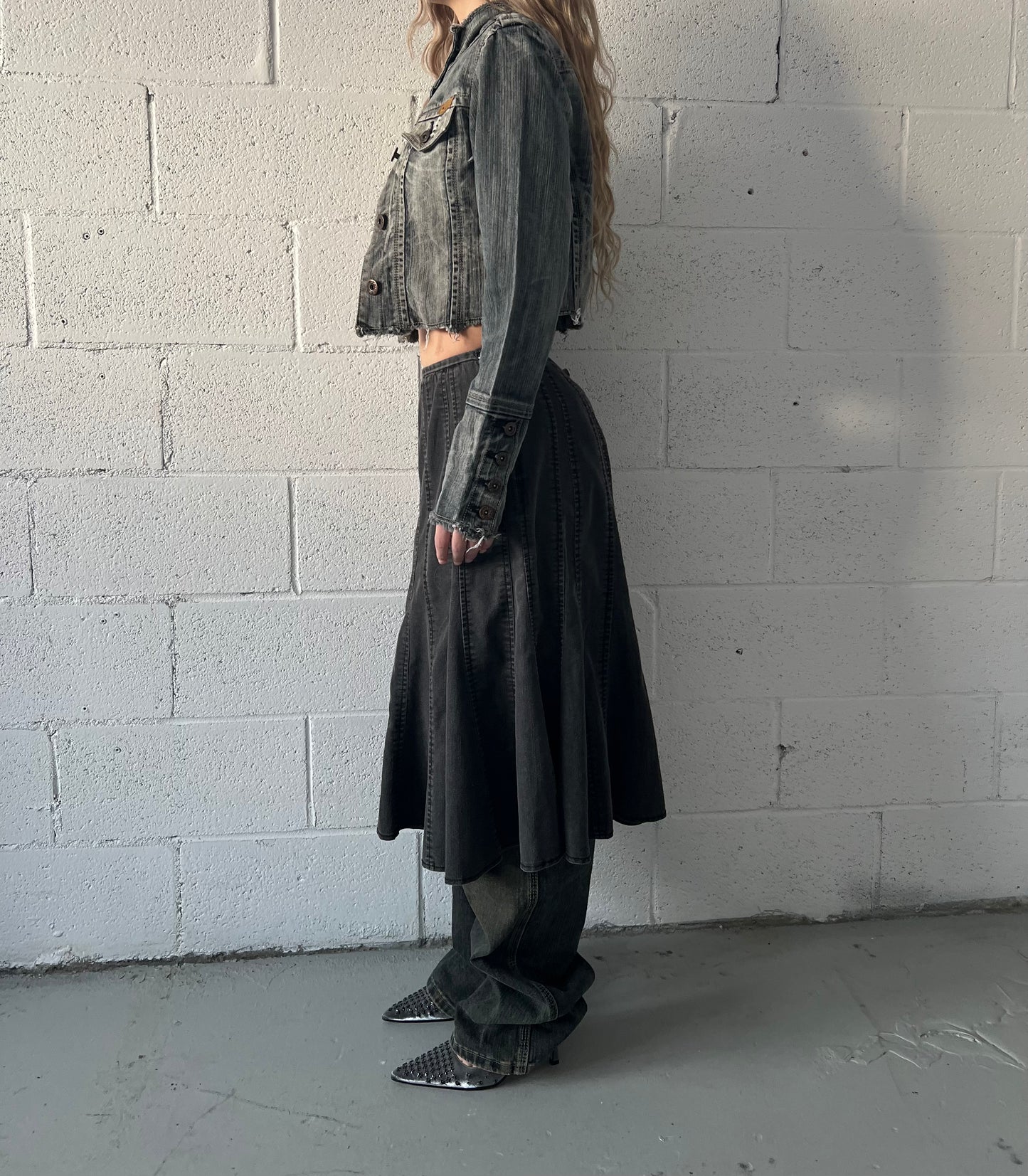 Grey Wash Denim Midi Skirt